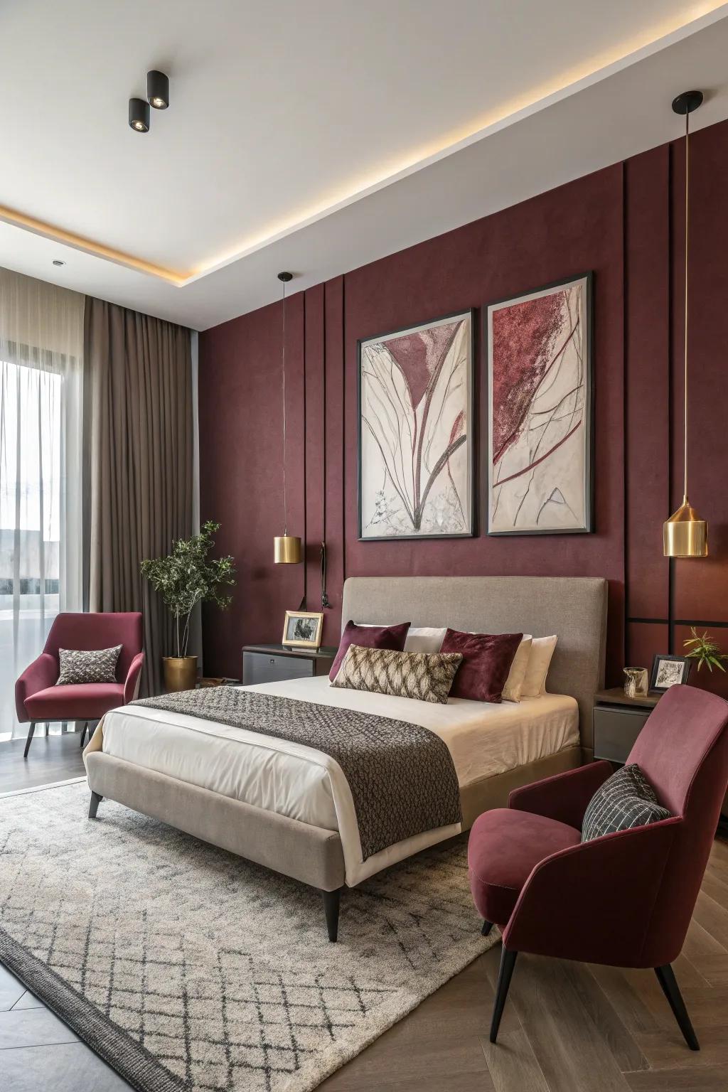 Abstract art with wine-colored hues adds a contemporary edge to the room.