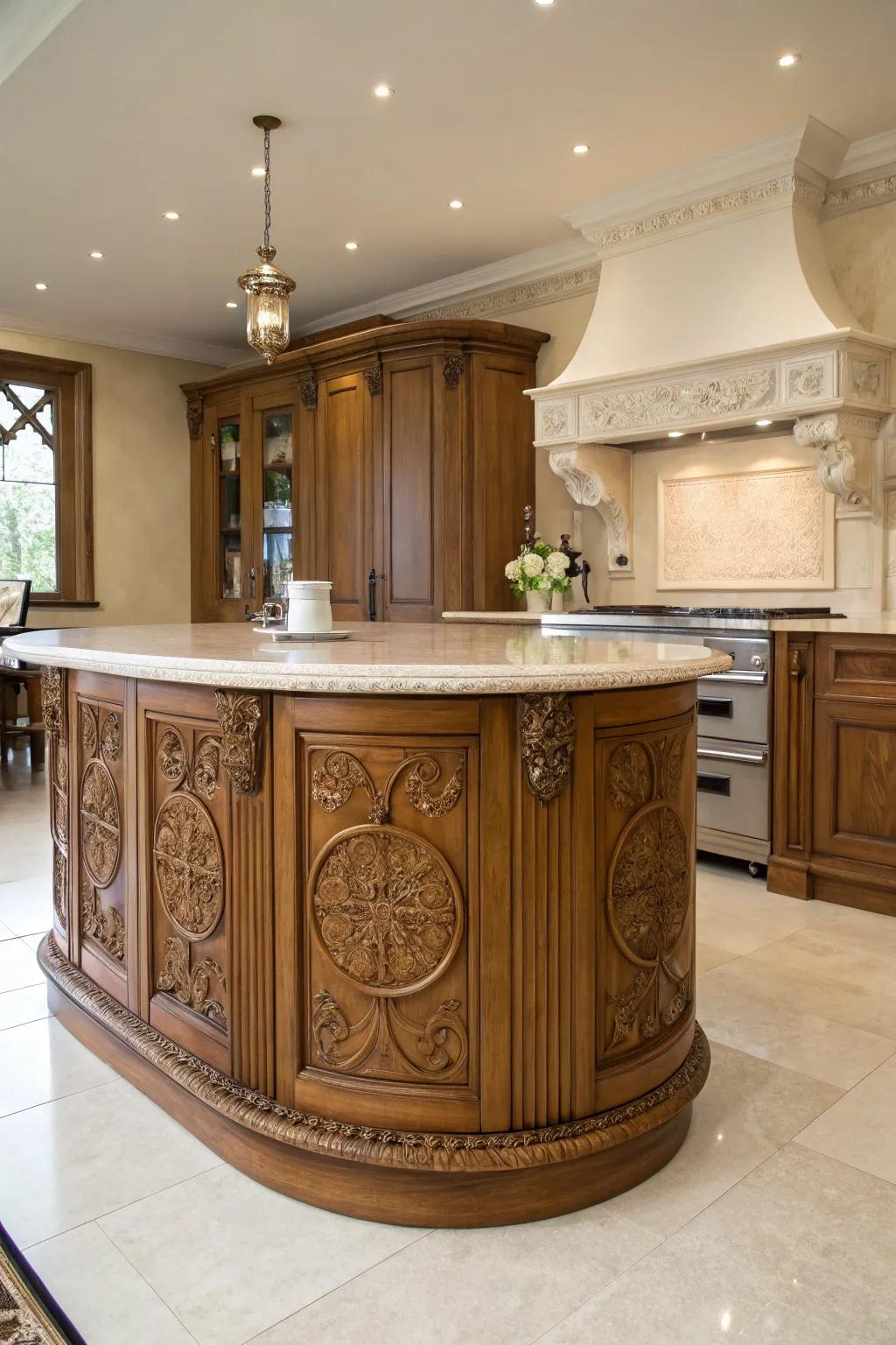 A mix of tradition and modernity in a circular kitchen island design.