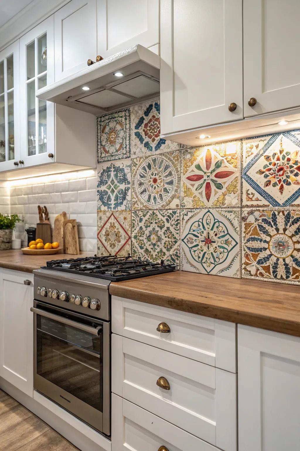 Decorative inserts add center points and break up the backsplash design.