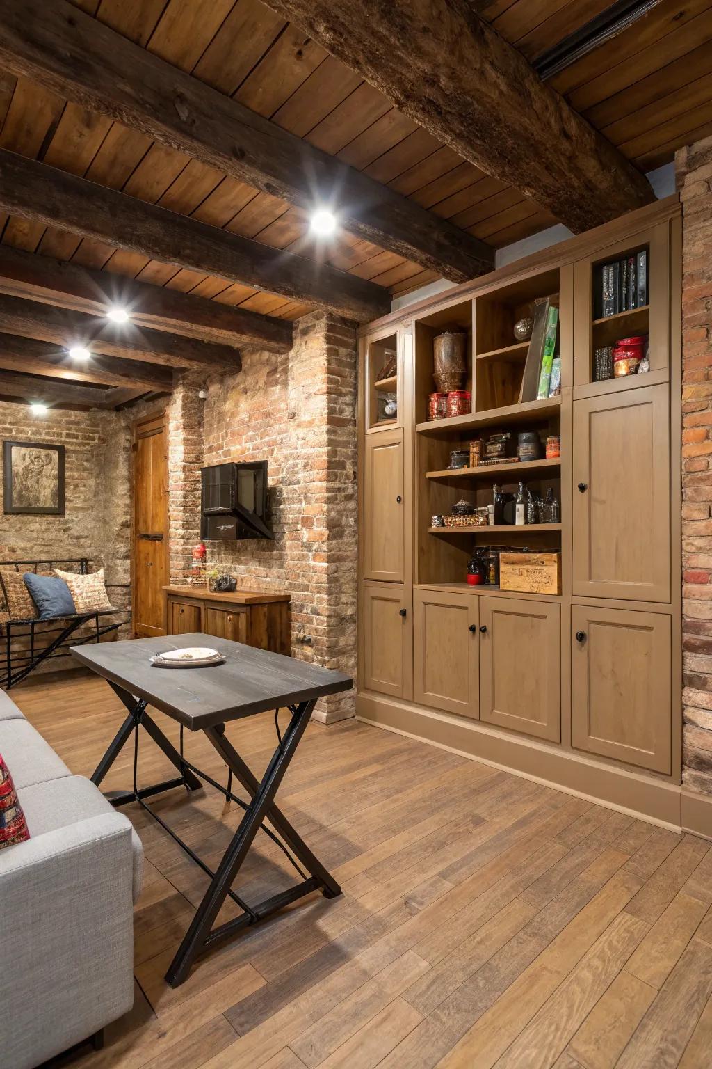 Smart storage solutions keep a rustic basement organized.