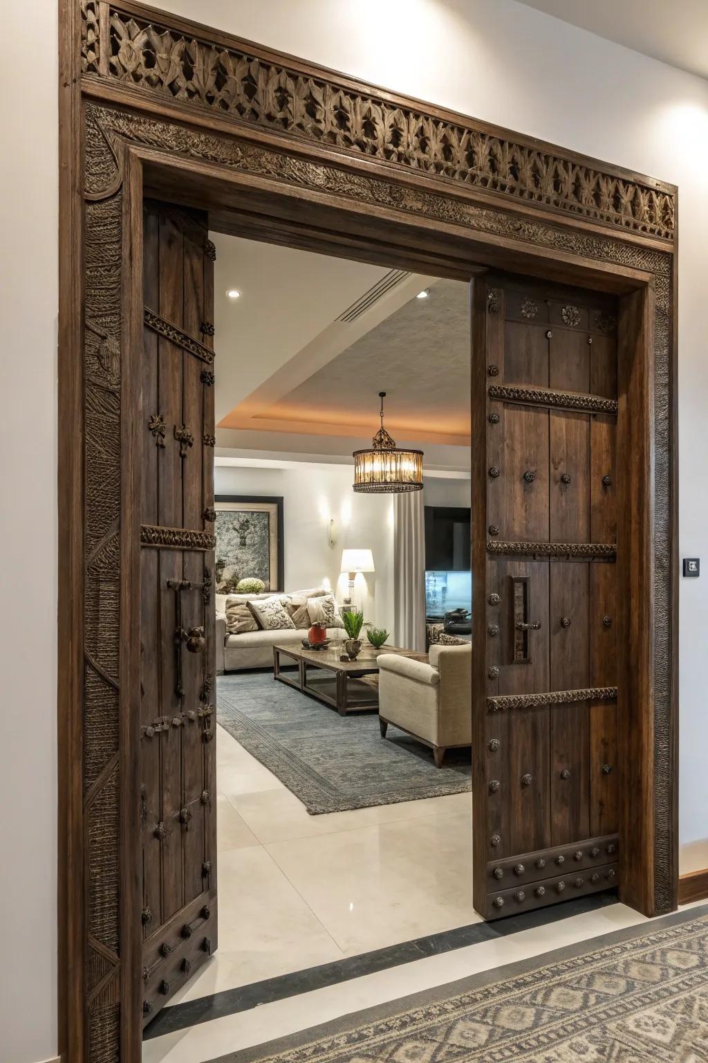 A bold rustic door frame serving as the focal point of a stylish space.