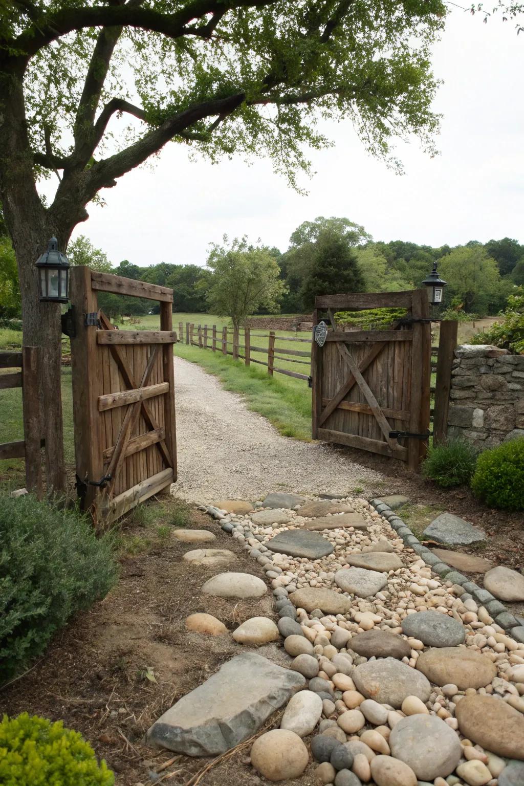A countryside entrance complemented by a natural stone walkway.