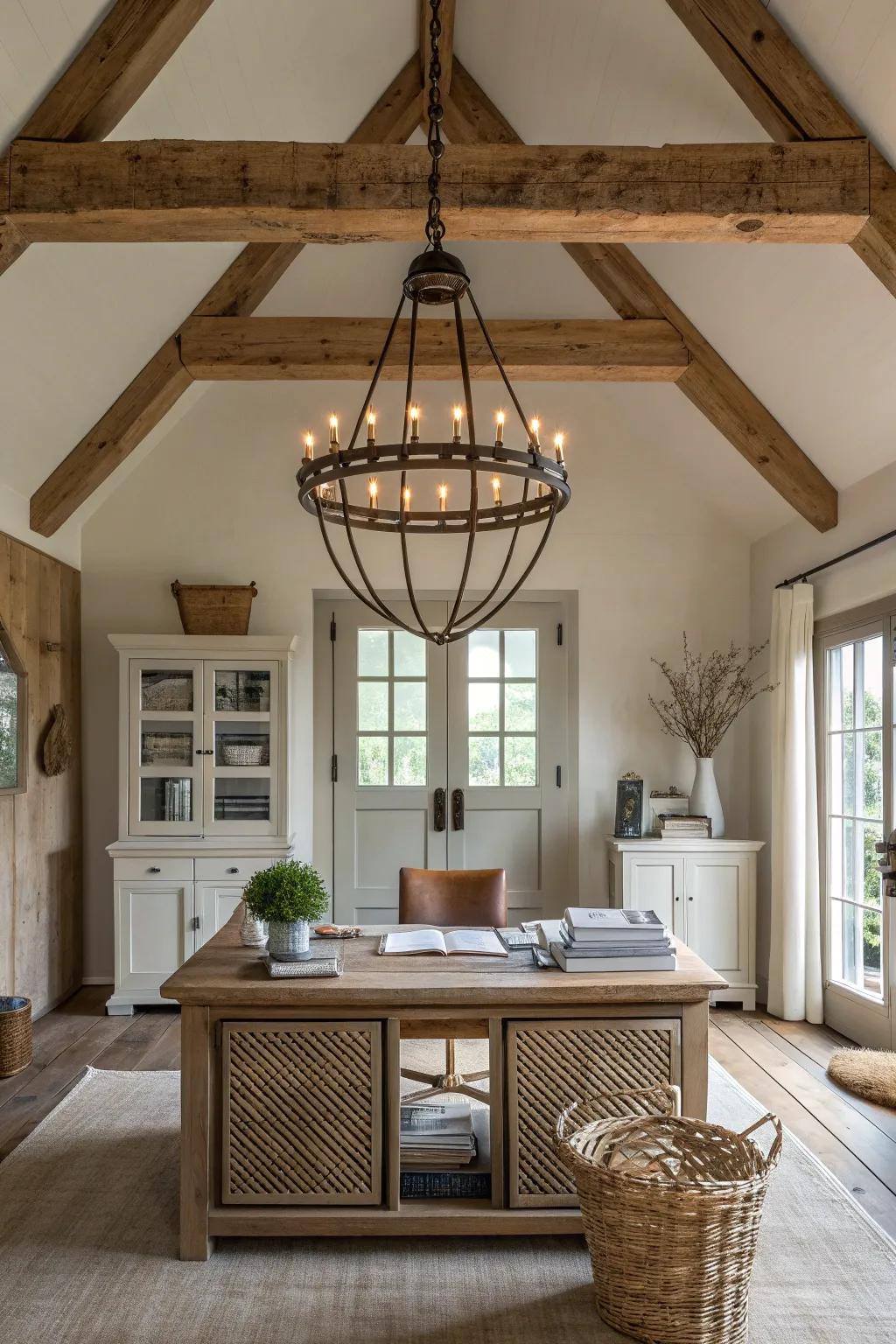 A striking chandelier adds drama and elegance to your rustic farmhouse office.