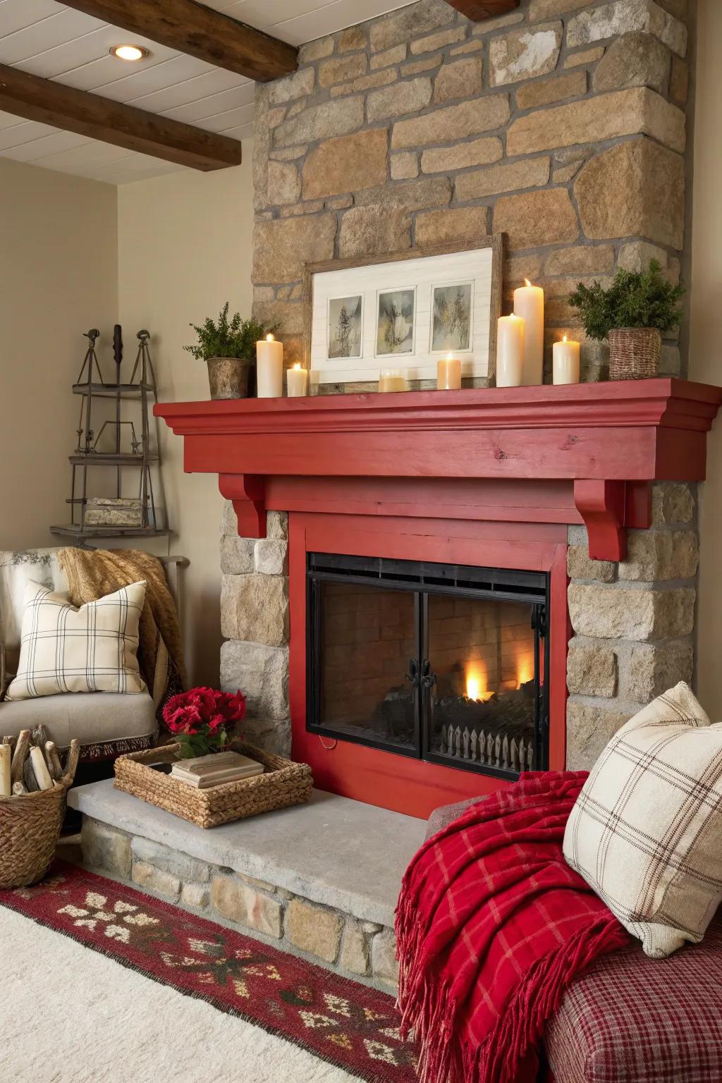 A striking-colored mantel renders a statement within this rustic setting.