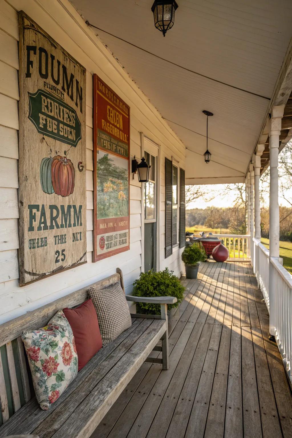Vintage farm plaques add bold, nostalgic charm to a rustic porch.