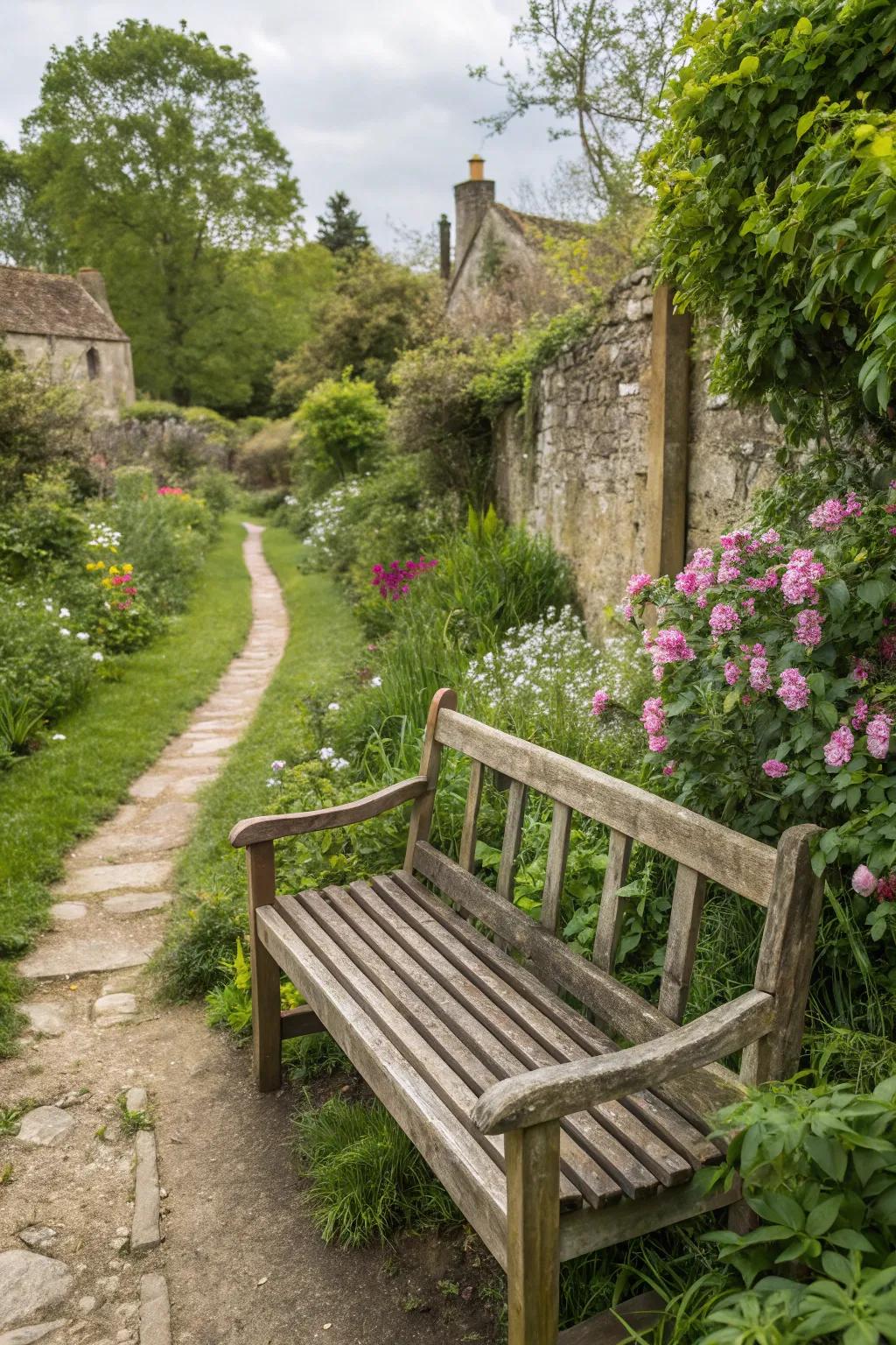 A garden bench crafted from character-rich reclaimed timber.