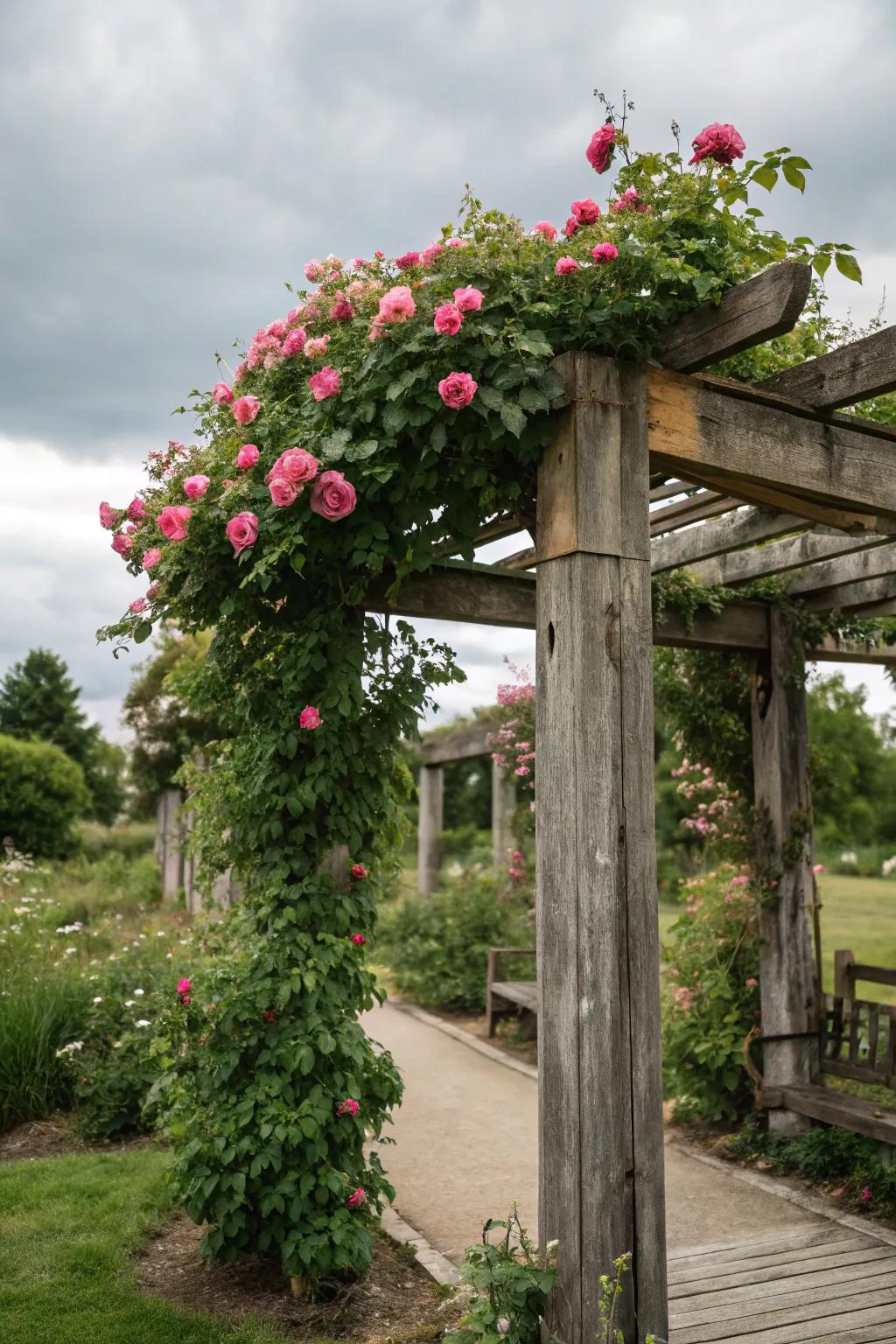 A timber arch adding whimsy and charm to the garden.
