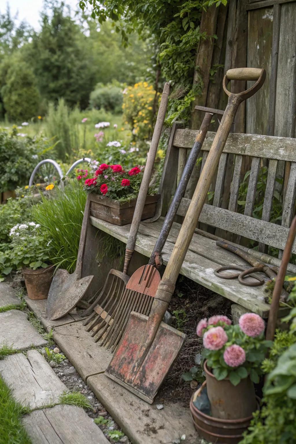 Distressed accents add character to the garden.