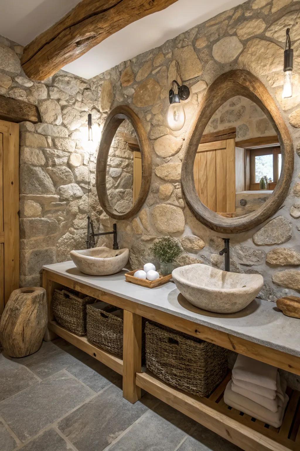 Organically-shaped mirrors infusing whimsy into a rustic bathroom.
