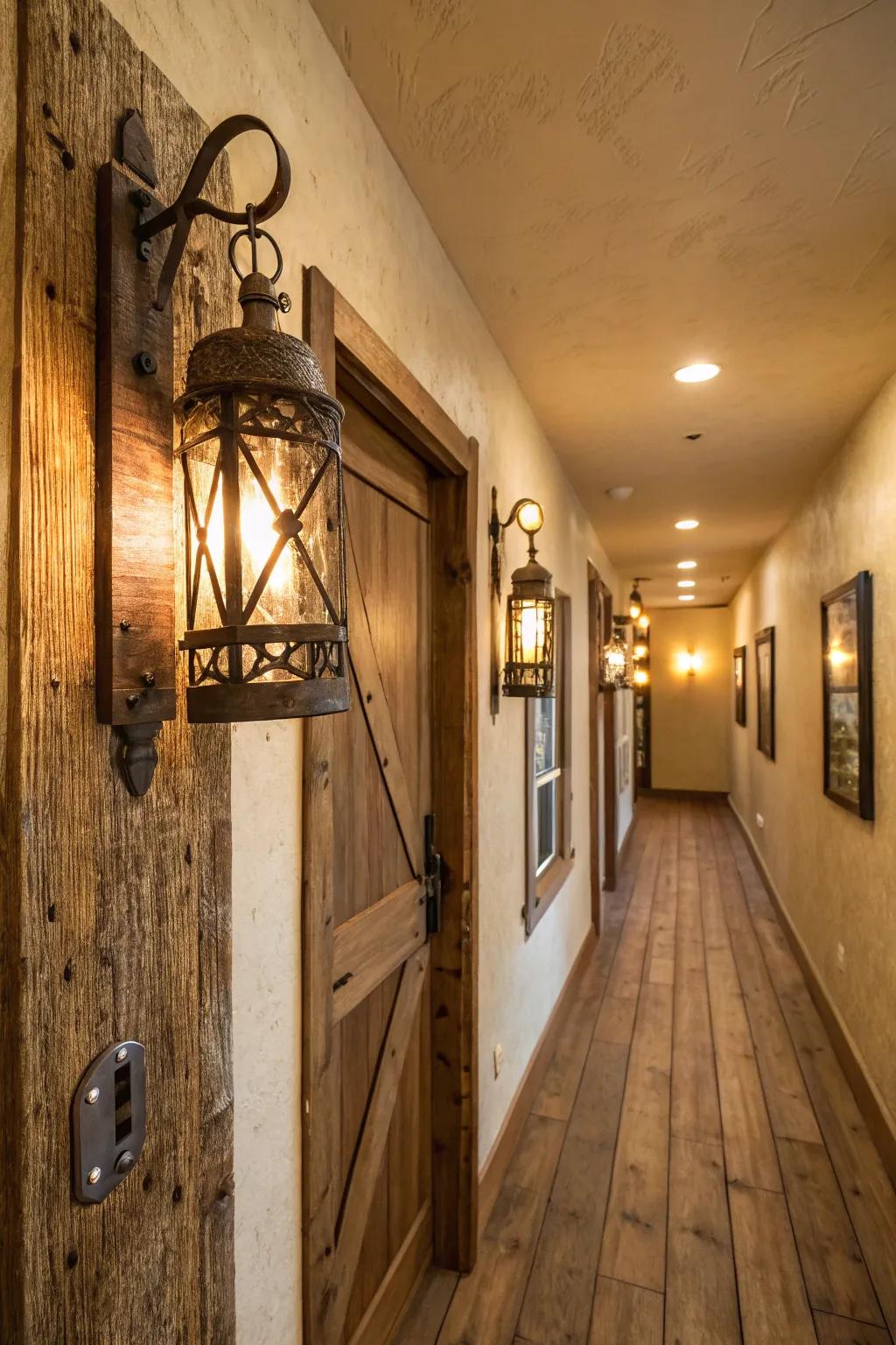 Country wall lights add subtle sophistication to this hallway.