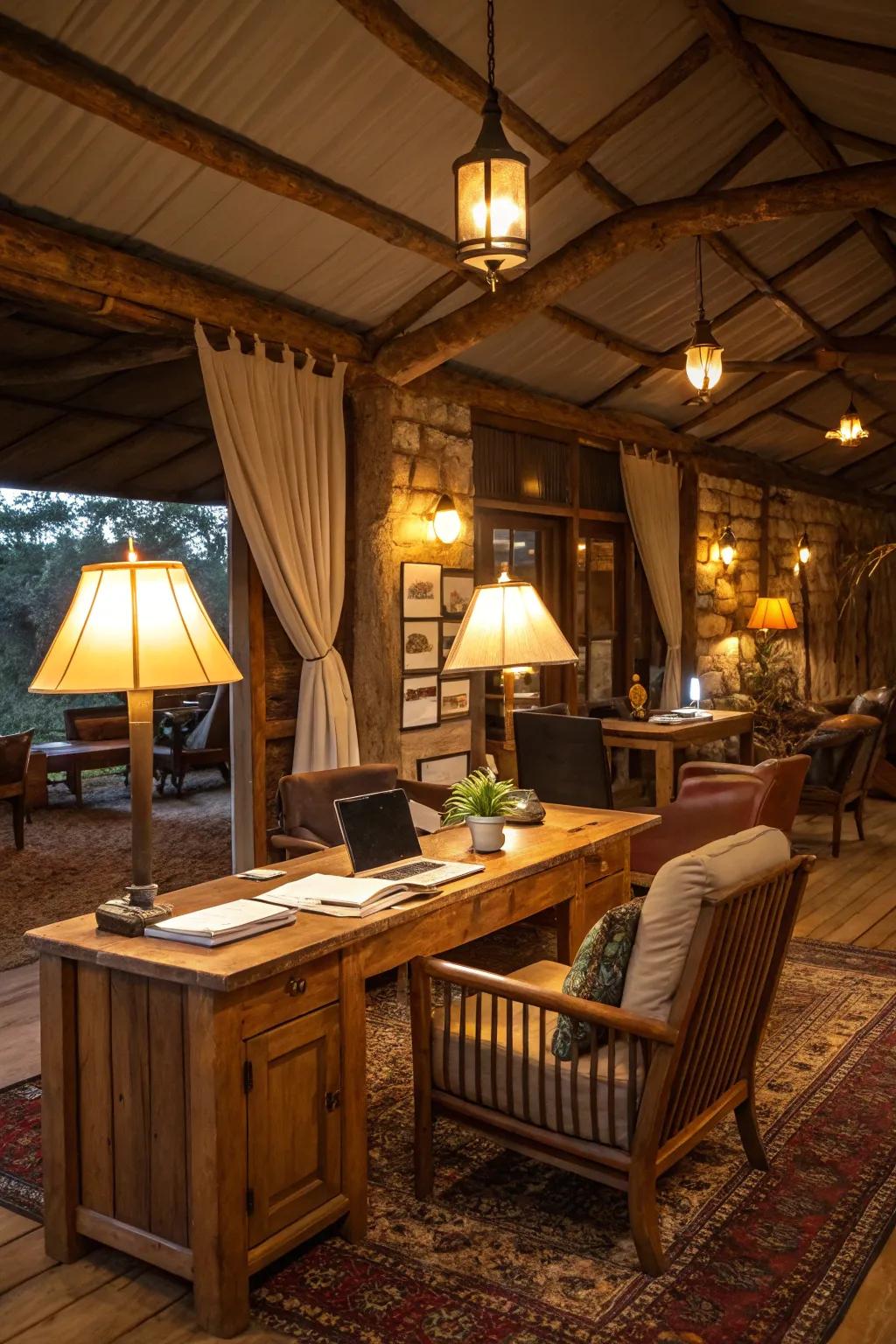 Warm lighting builds a cozy environment in any country workspace.