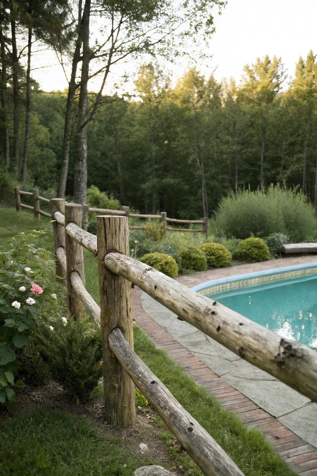 Log fencing delivering a rustic, woodsy retreat ambiance.