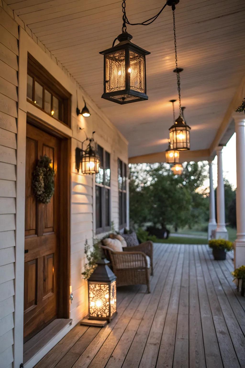 Countryside lighting solutions enhance the porch’s charm.