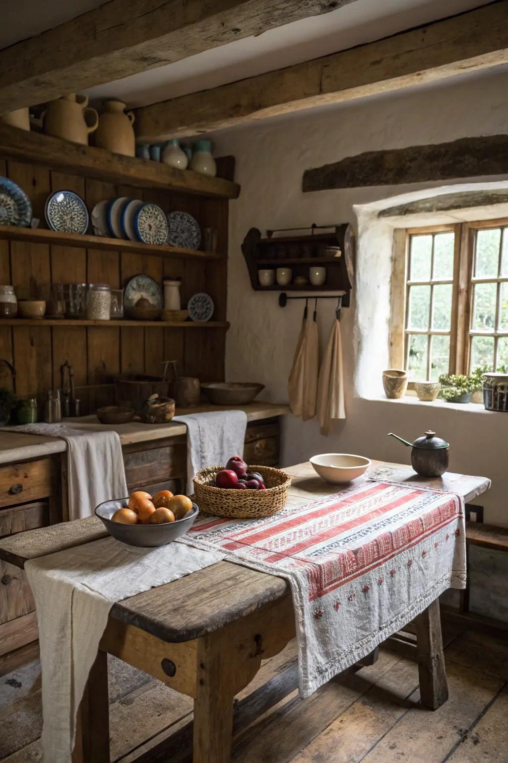 Vintage fabrics introduce softness and charm to the dining area.