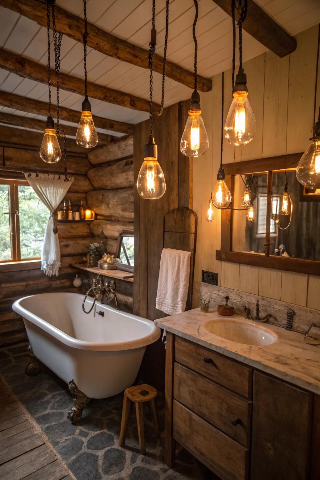 Filament bulb lighting provides a cozy, vintage ambiance.