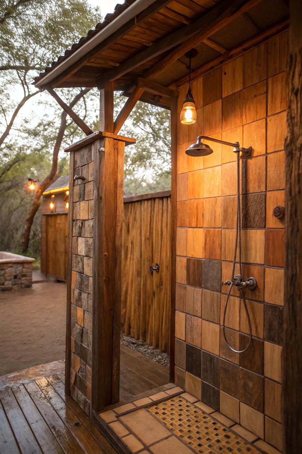 A country-themed shower equipped with warm lighting that elegantly spotlights the textures and coloring.