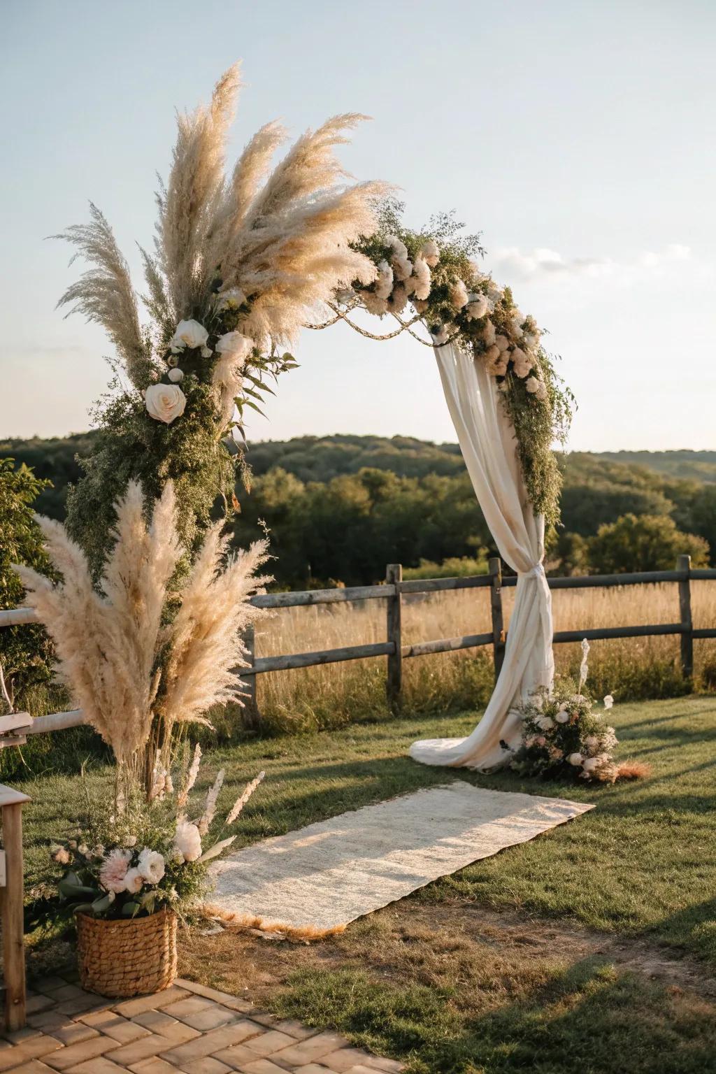 Pampas grass injecting texture and sophistication into a countryside bohemian arch.