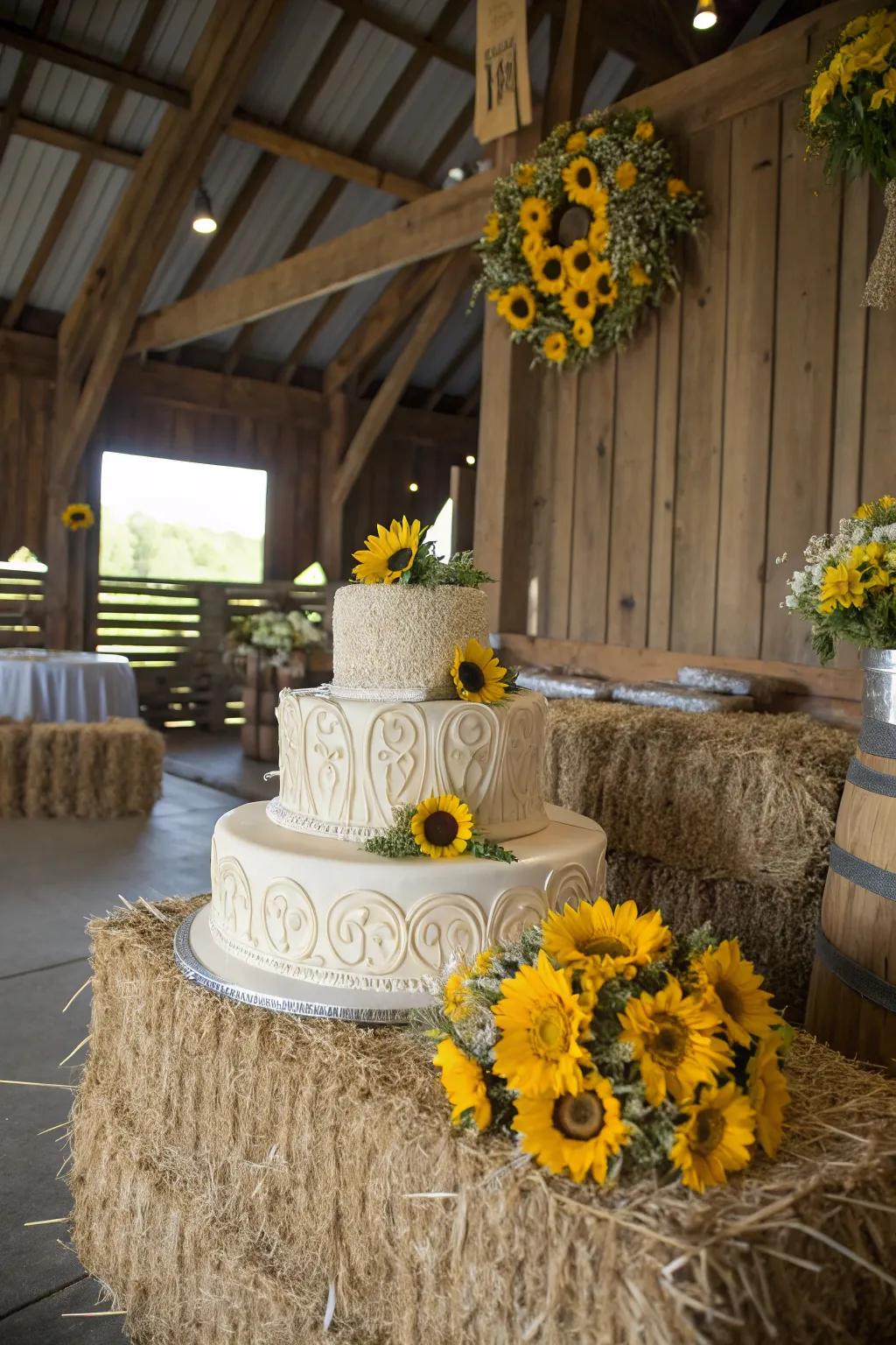 Fodder bundle base introduces a quirky accent to a countryside-style dessert stand.