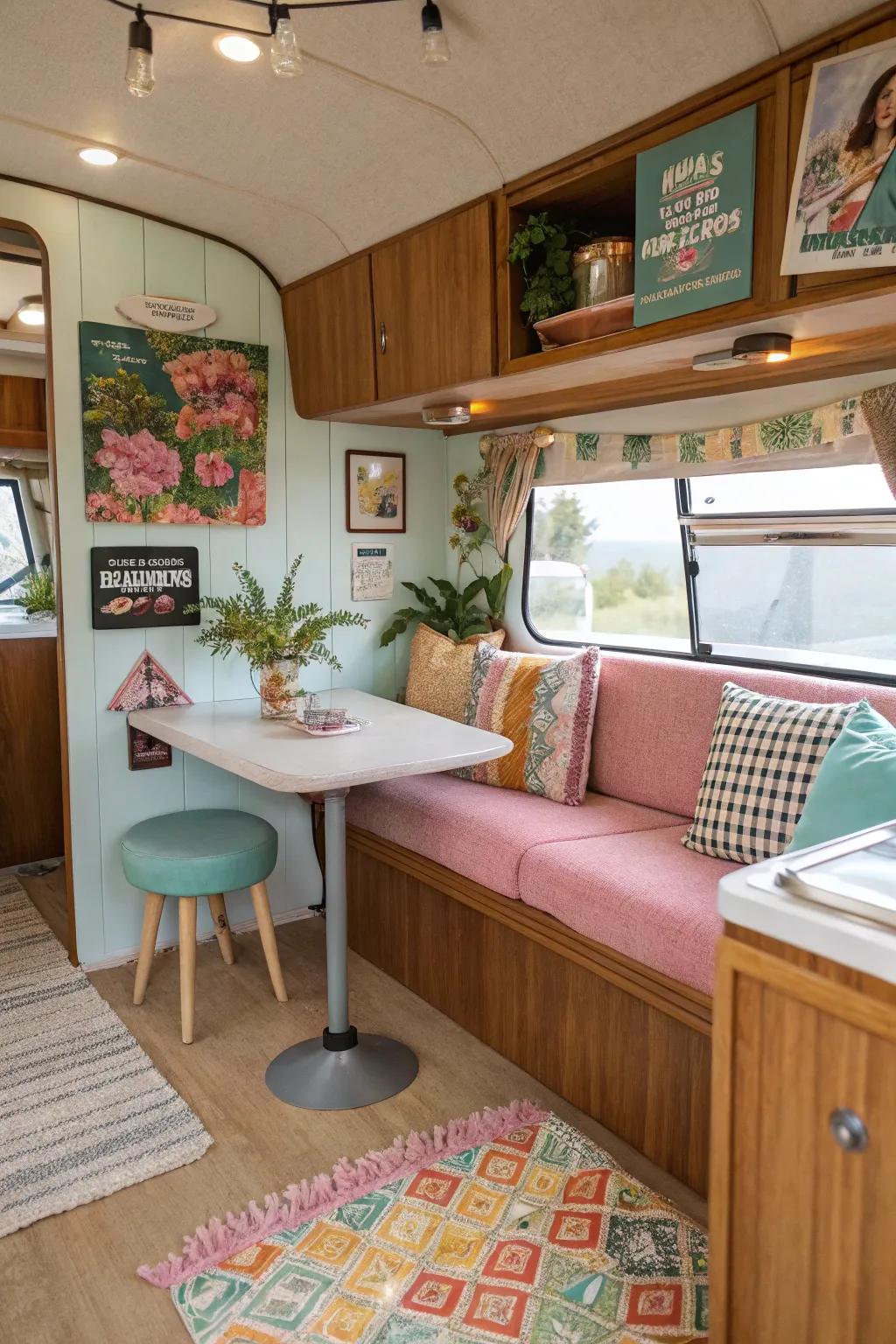 Half century contemporary style contributes to a reminiscent flair to this RV.