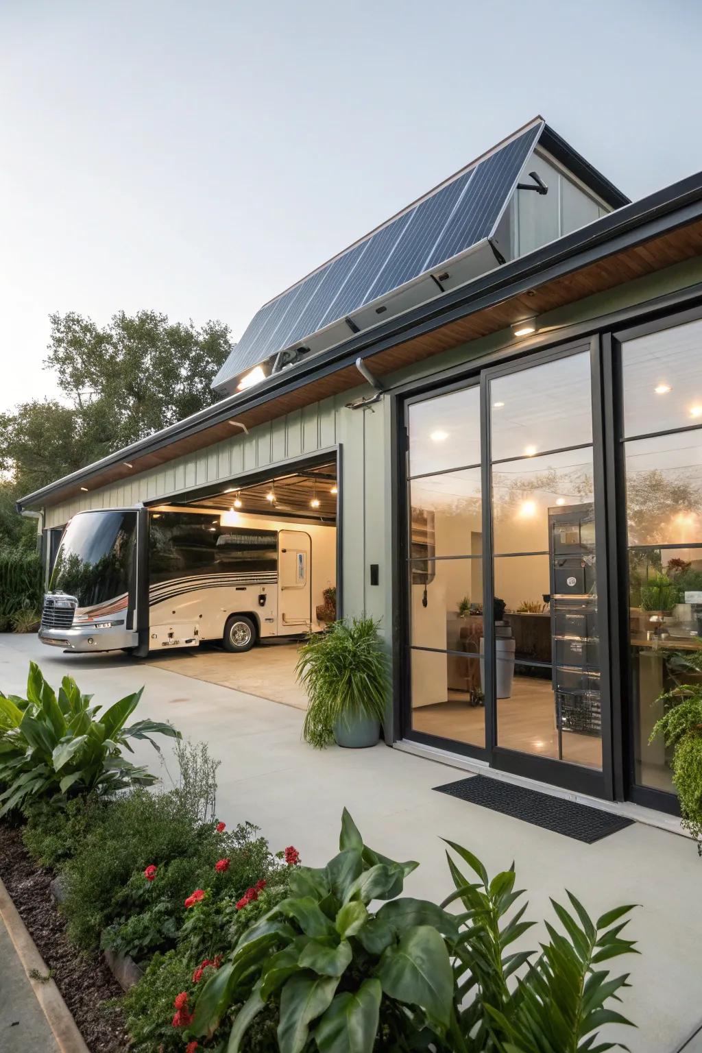 Eco-friendly features, such as solar panels, are included in the design of an RV garage.