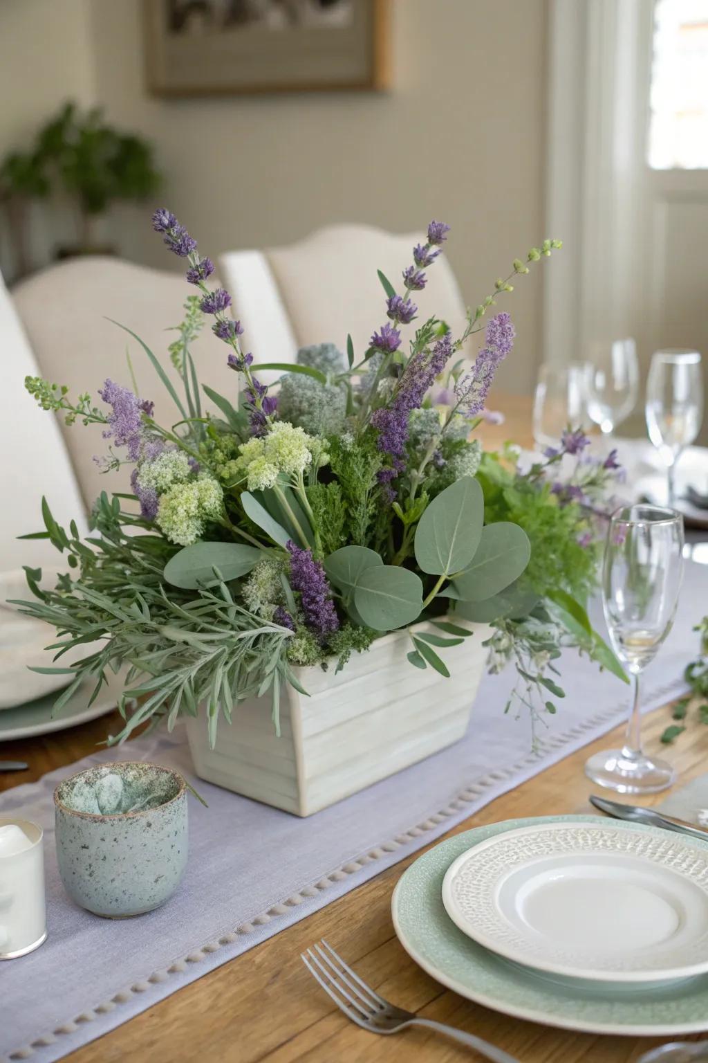 Aromatic and soothing centerpiece that combines soft green and lavender.