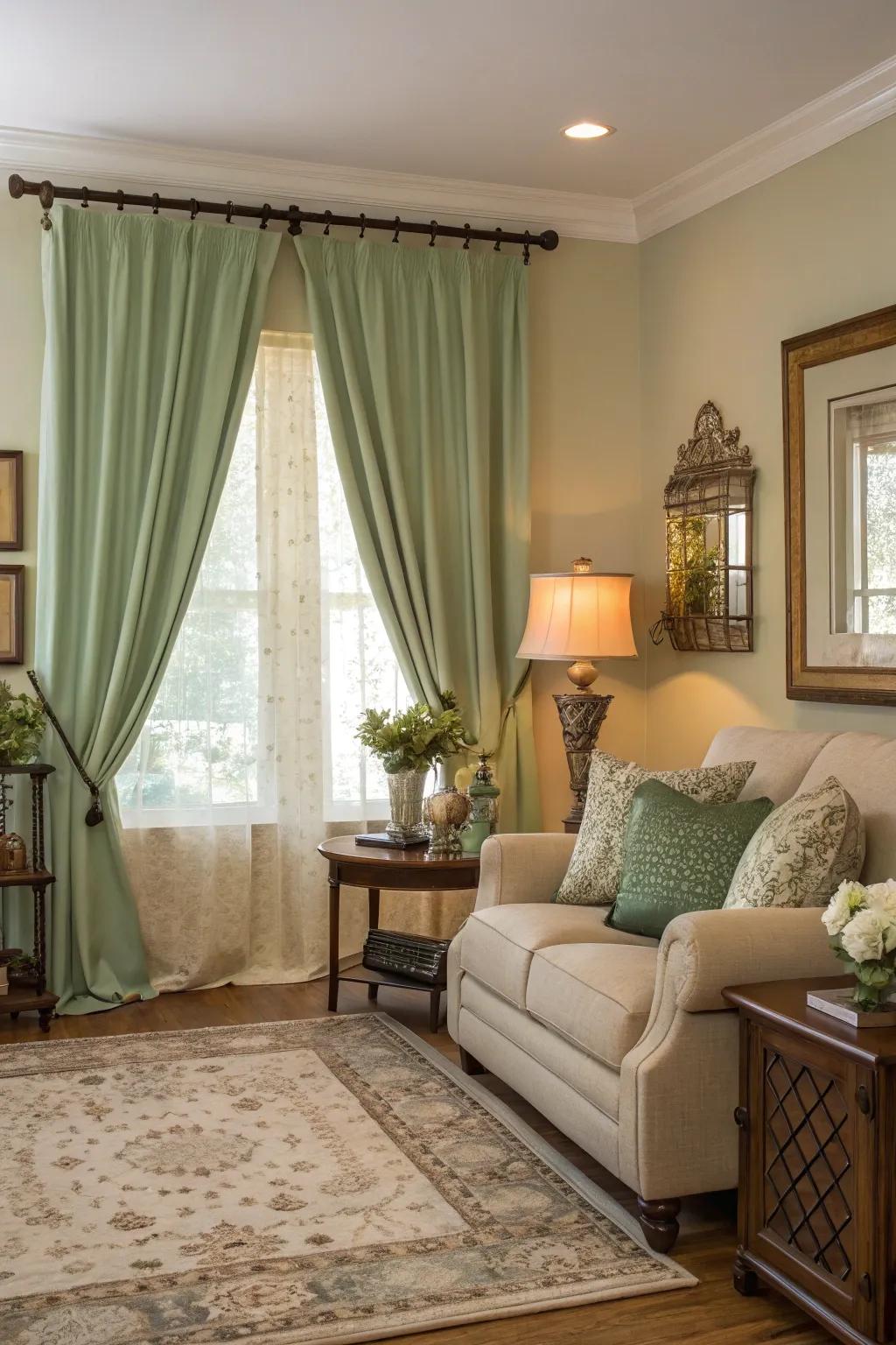 Sage green decorations unify and enhance the room's soothing palette.