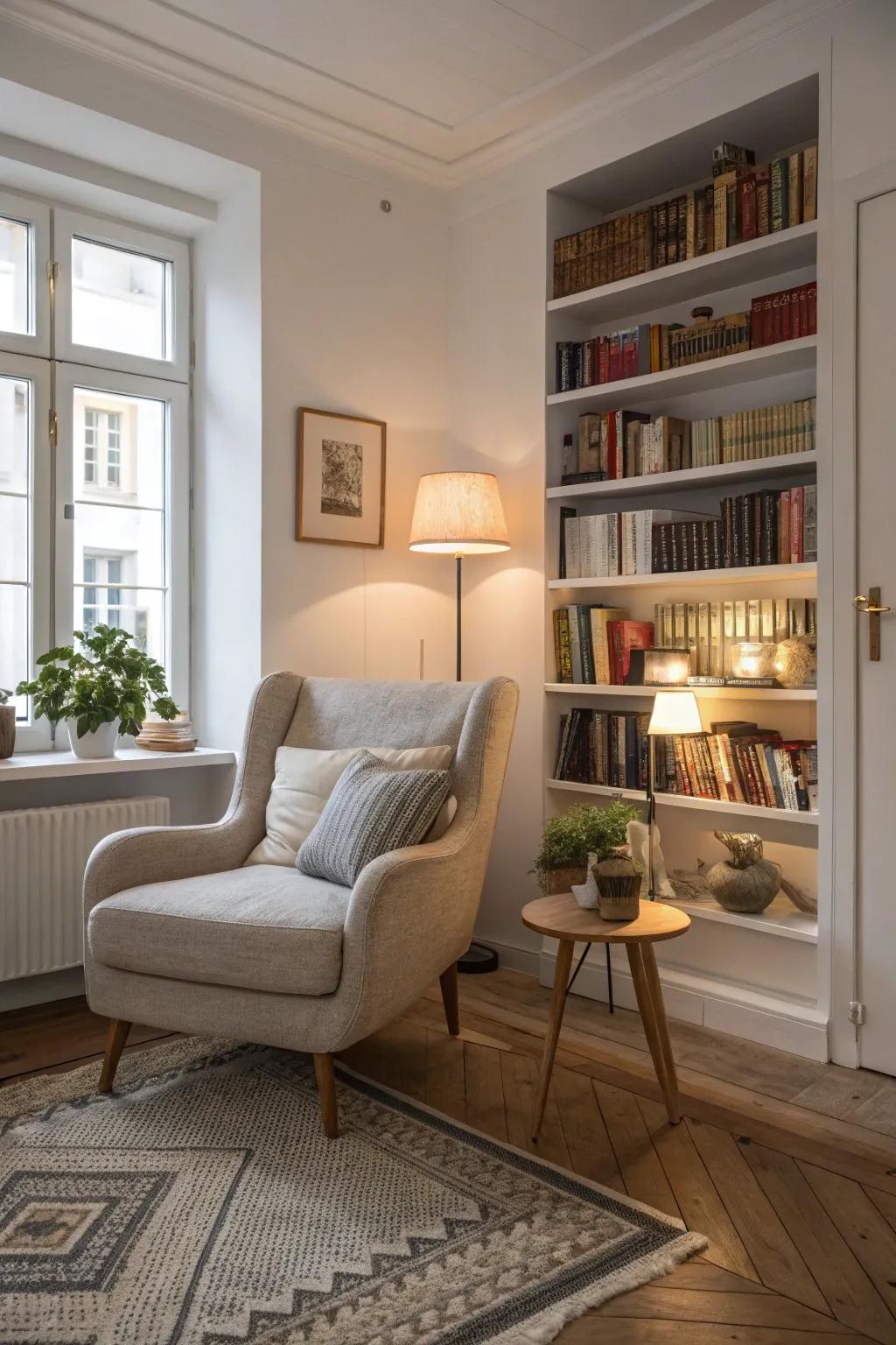 A reading nook adds a personal touch to a Scandinavian lounge.