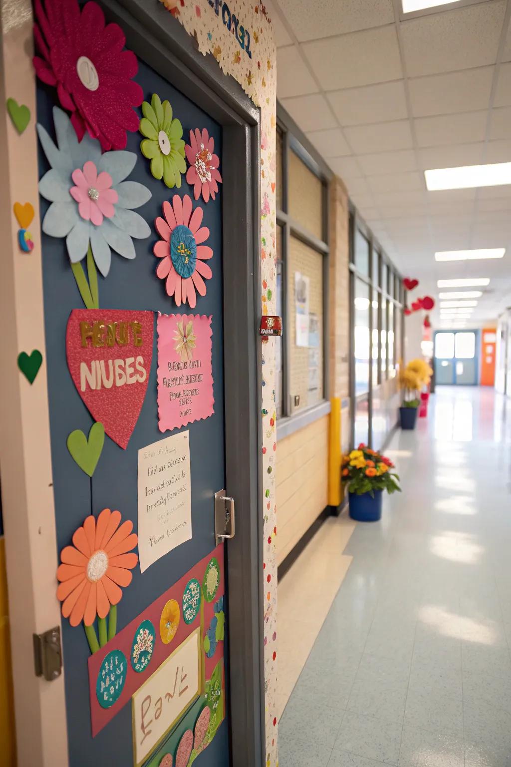 A school nurse's entryway exhibiting handcrafted creations for a personalized element.