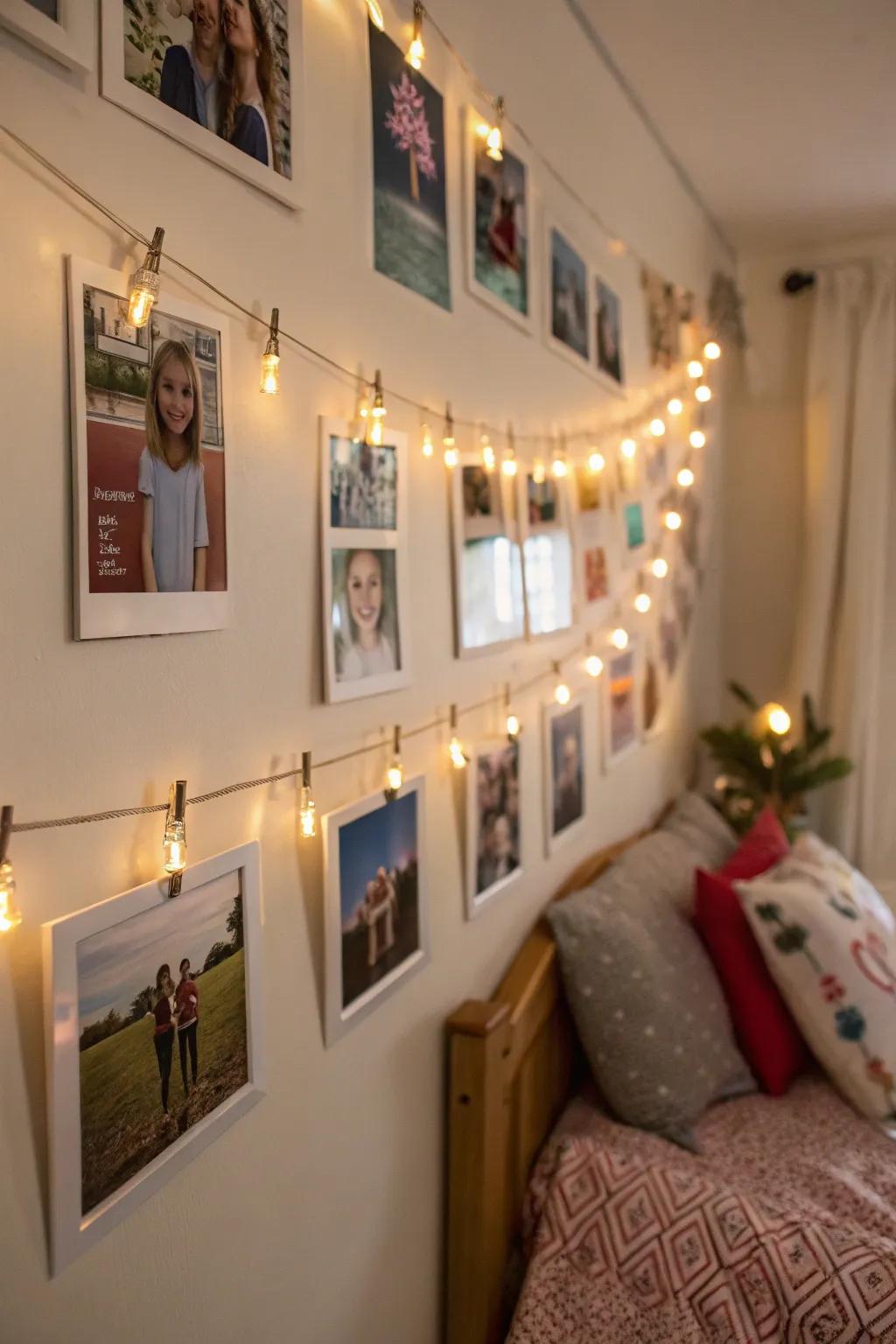 A fanciful display of illuminated clips holding photos.