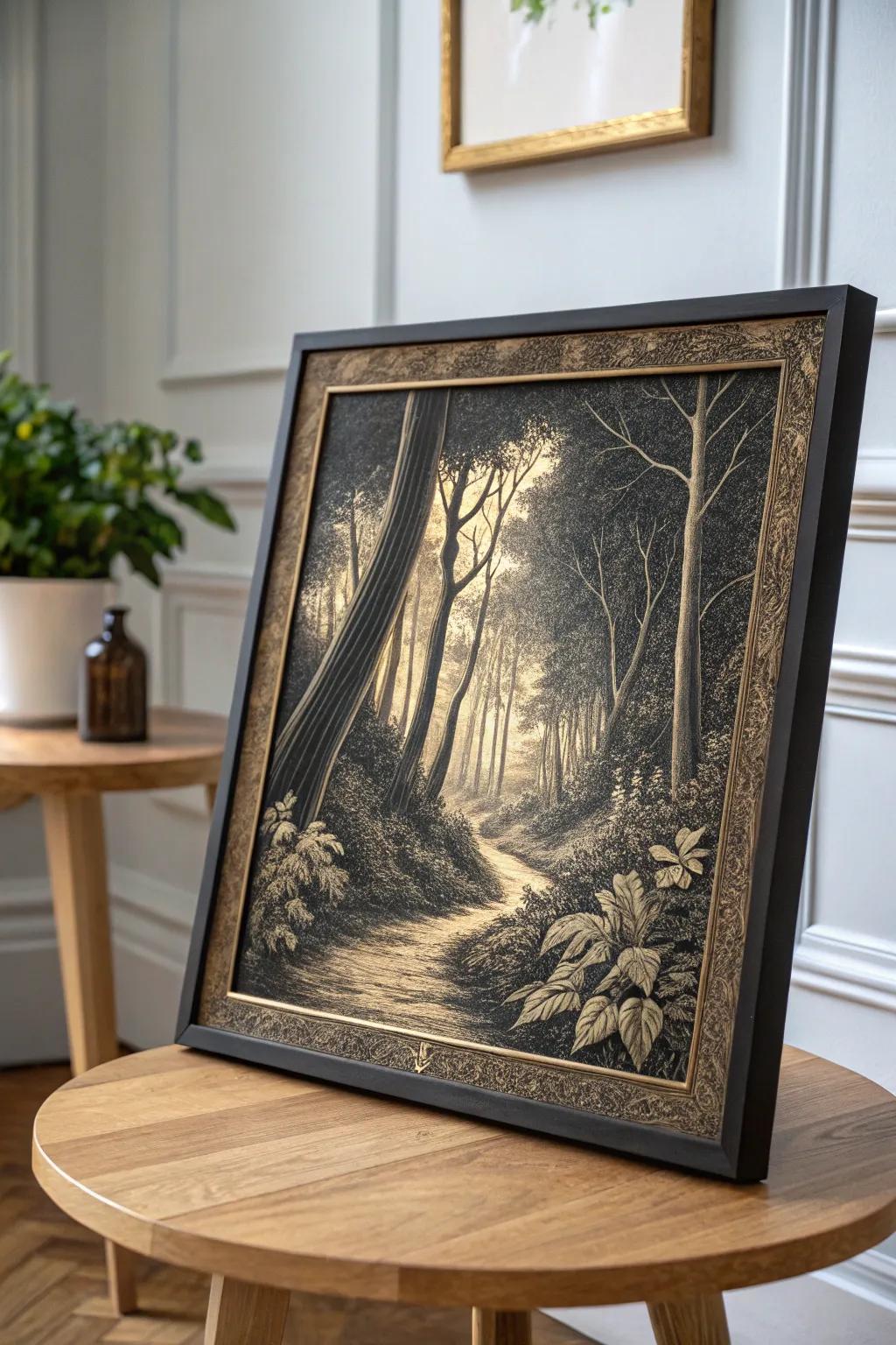 Uncover the serene beauty of the woods through the art of scratchboarding.