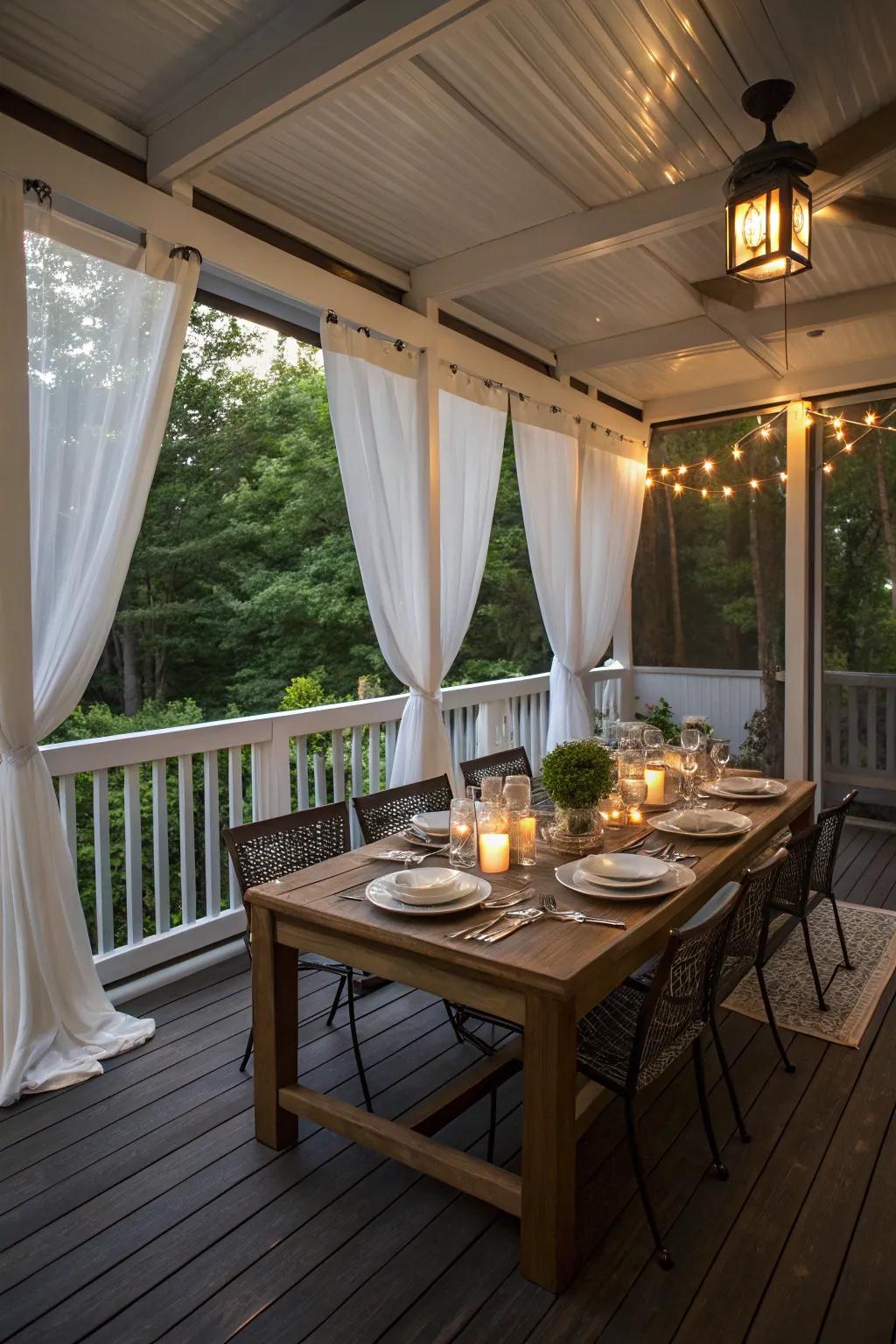 An insect-protected dining oasis on the veranda makes each repast pleasurable.