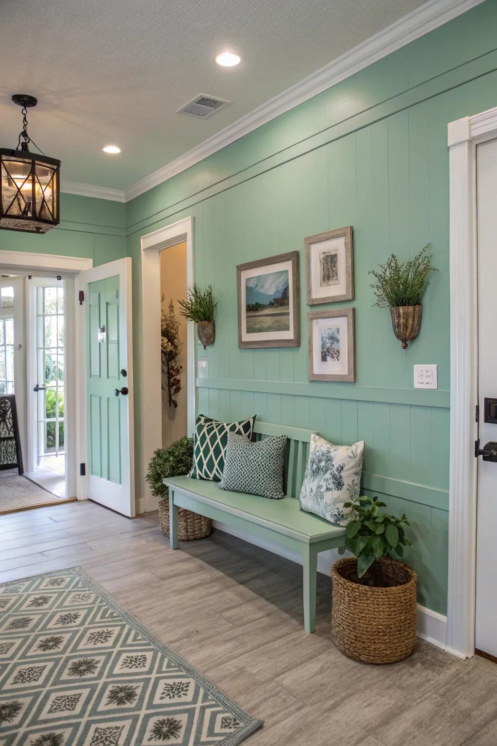 An attractive entryway presents calming seafoam green walls.