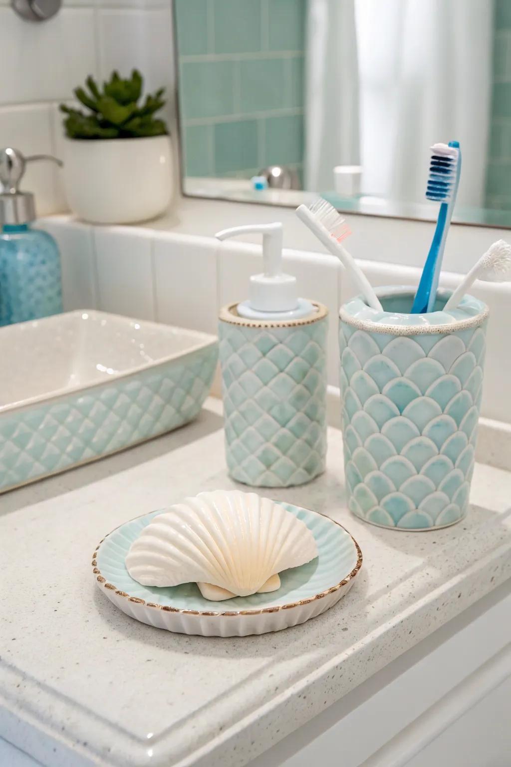 Shell accessories impart coastal serenity to your restroom decor.