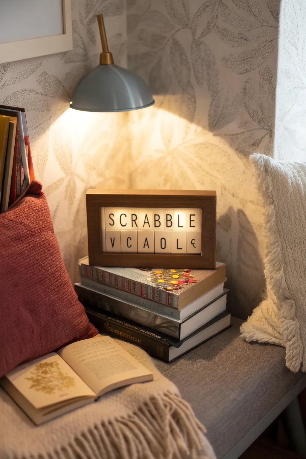 A letter-tile display with a personalized message.