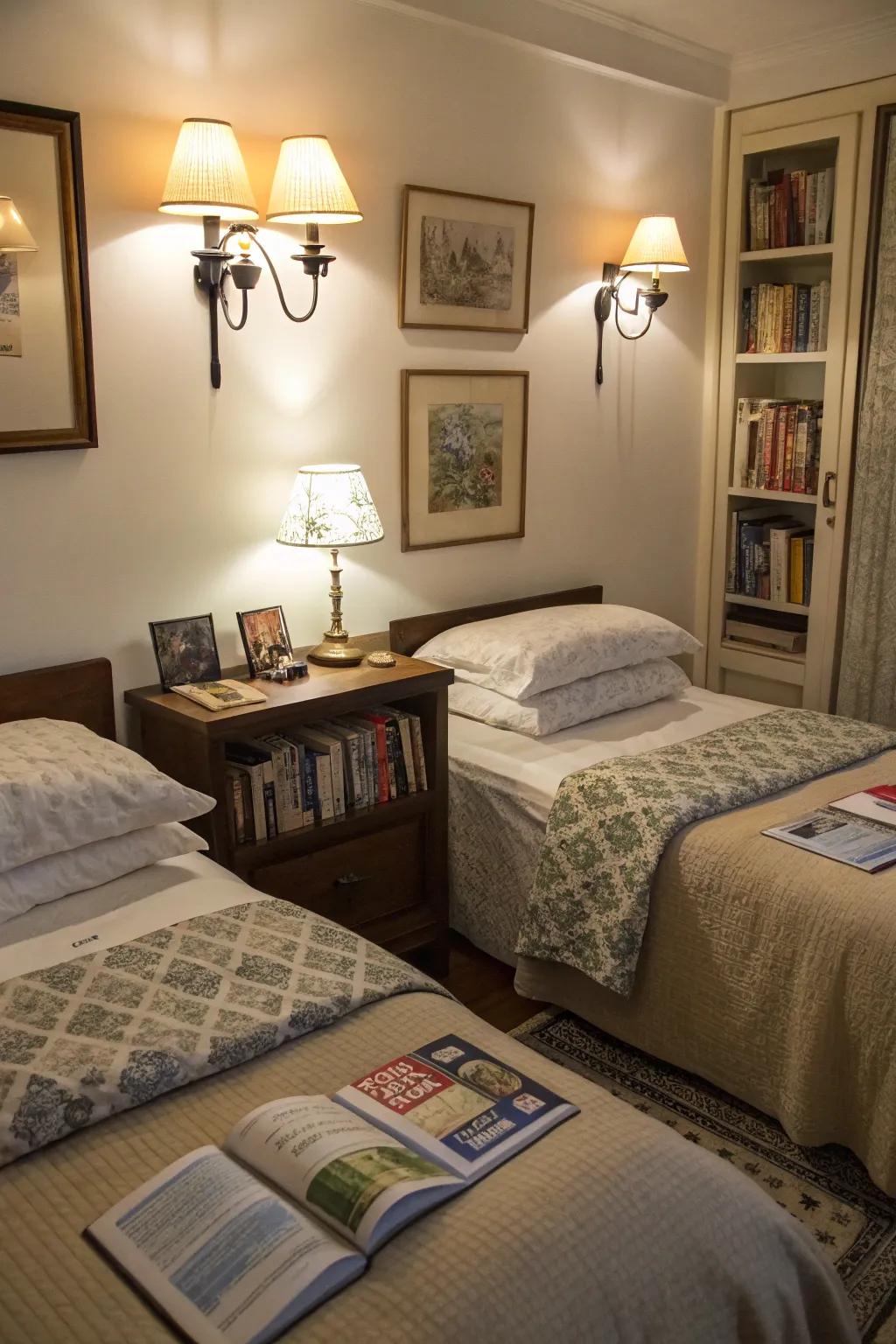 Wall-attached lights provide personal lighting for bedtime stories.