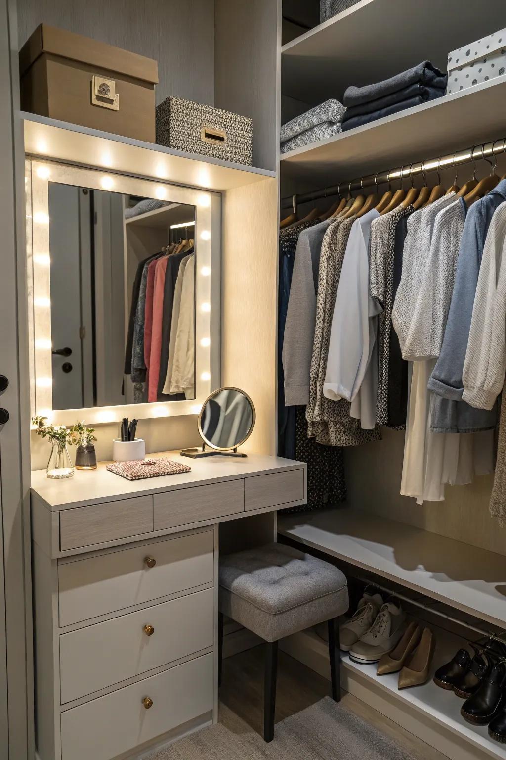A small section of a closet converted into a personal dressing station.
