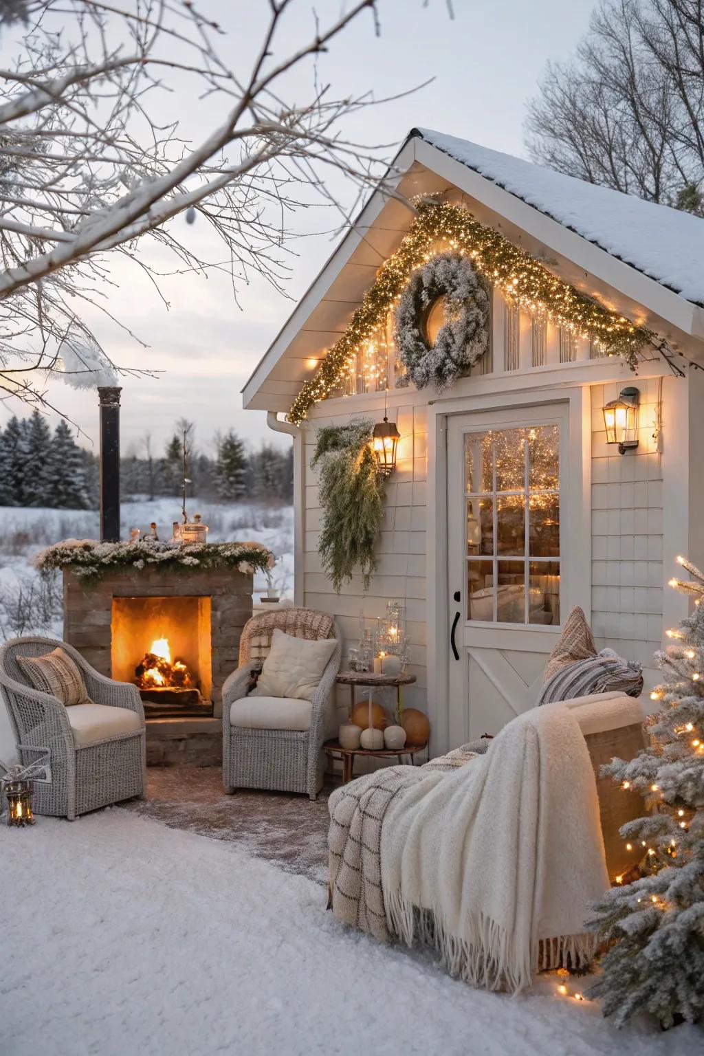 A cozy winter retreat inside a she shed.