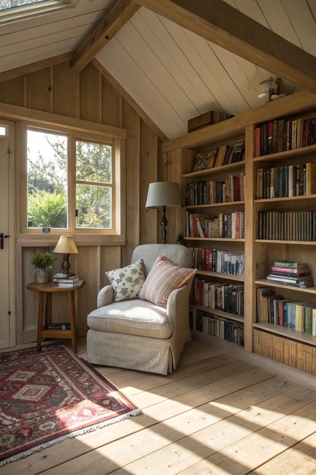 A dedicated reading spot makes your shed bedroom a haven for book lovers.