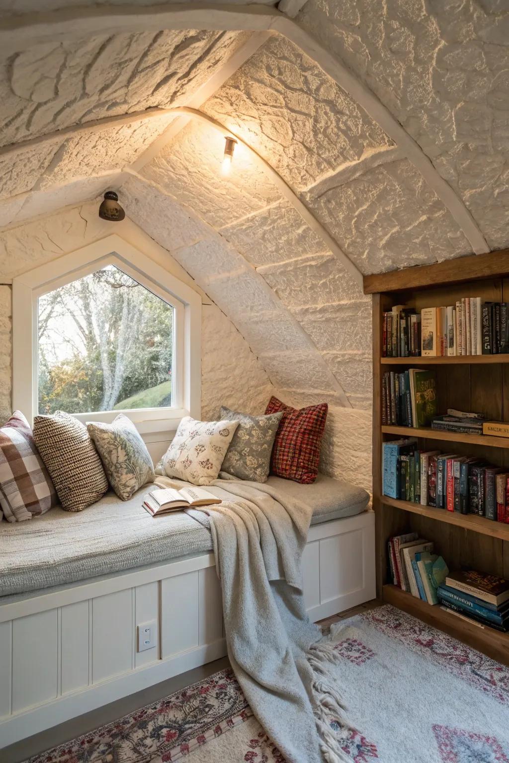 A textured plaster ceiling enhances comfort in a reading space.