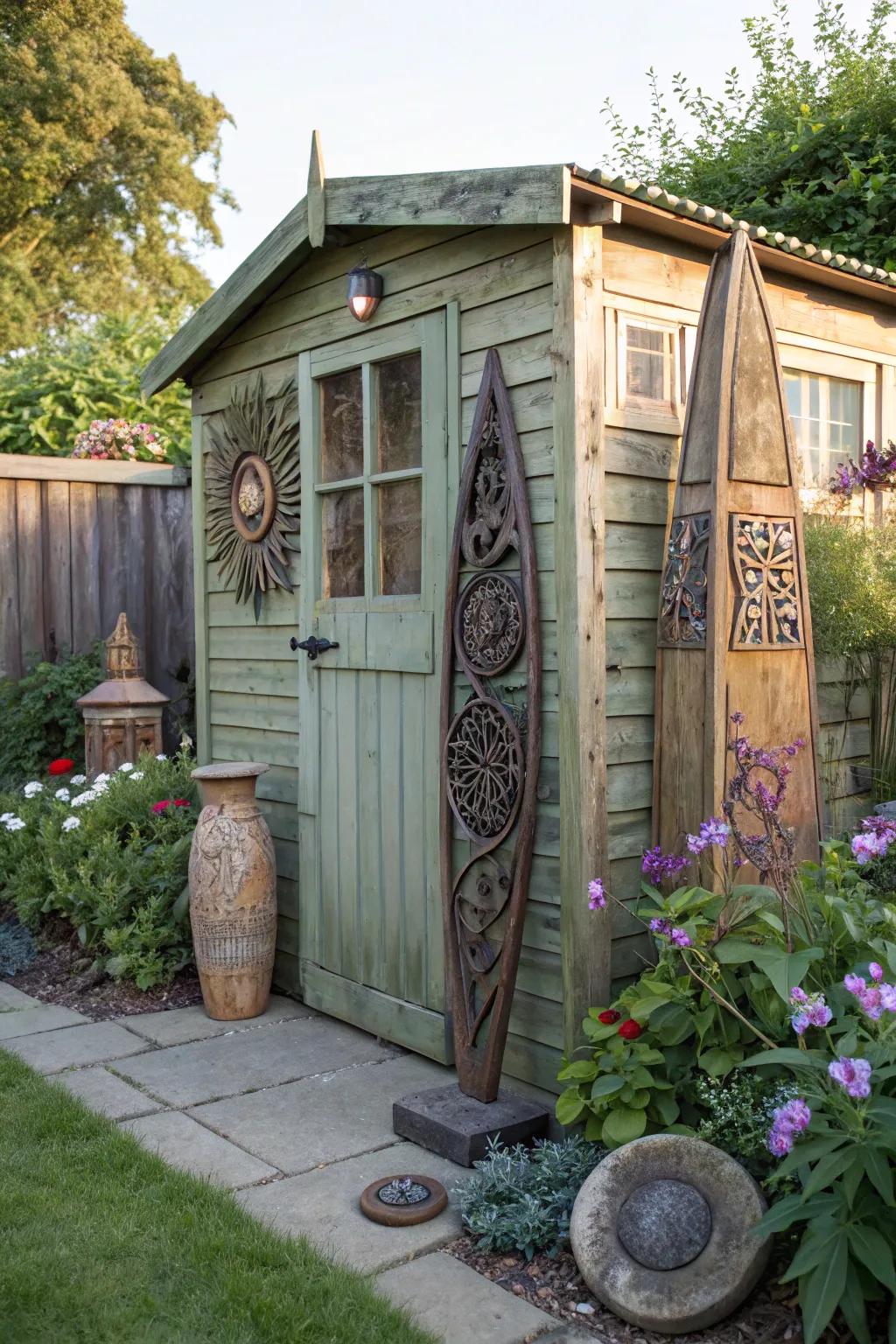 A garden shed accentuated by distinctive outdoor art.