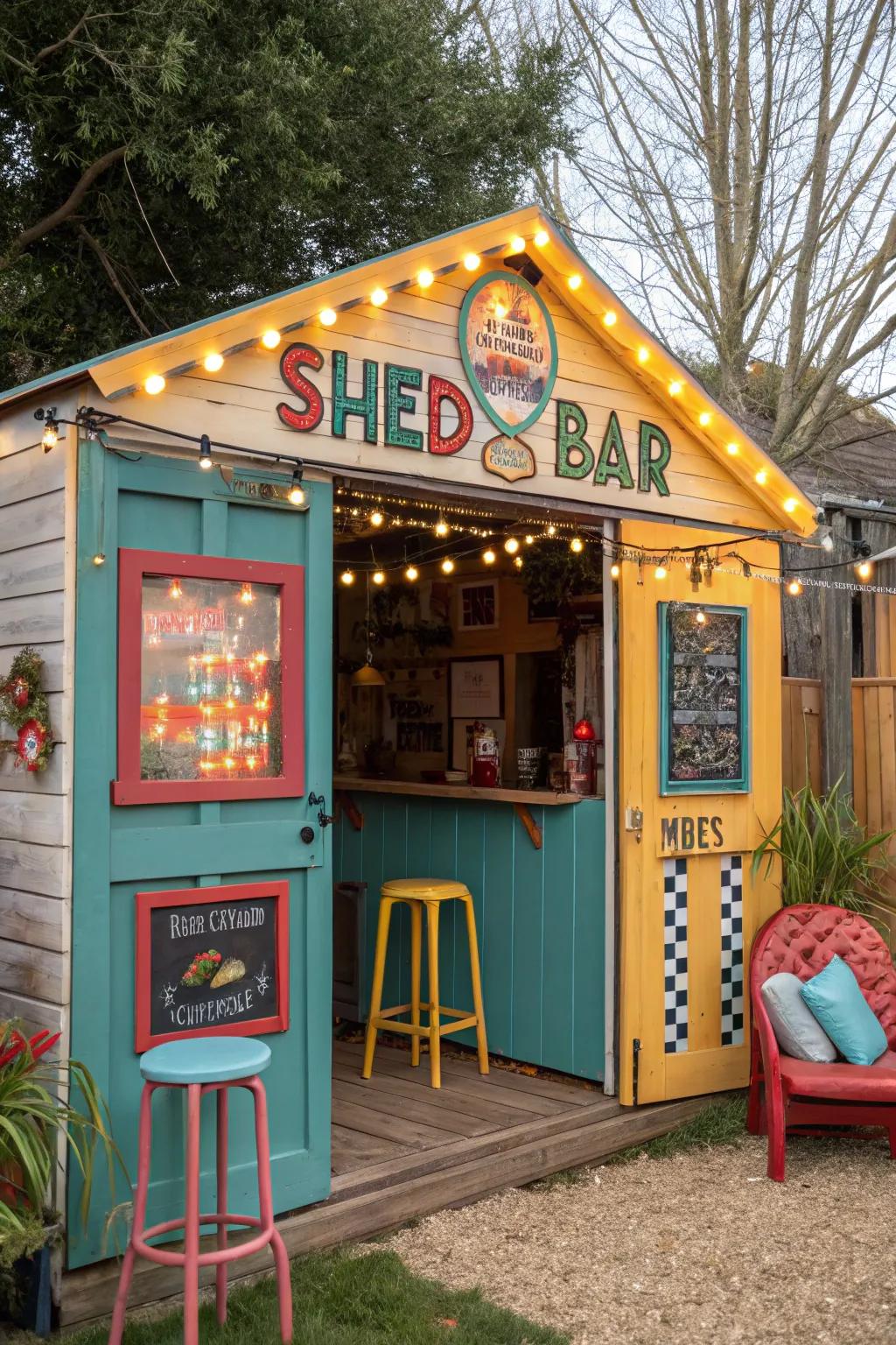 Make a playful atmosphere with a fun shed bar.