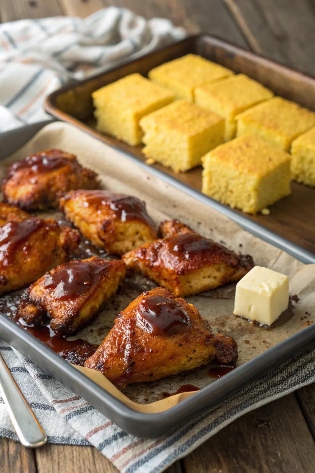Grilled chicken with cornbread, a Southern-inspired delight.