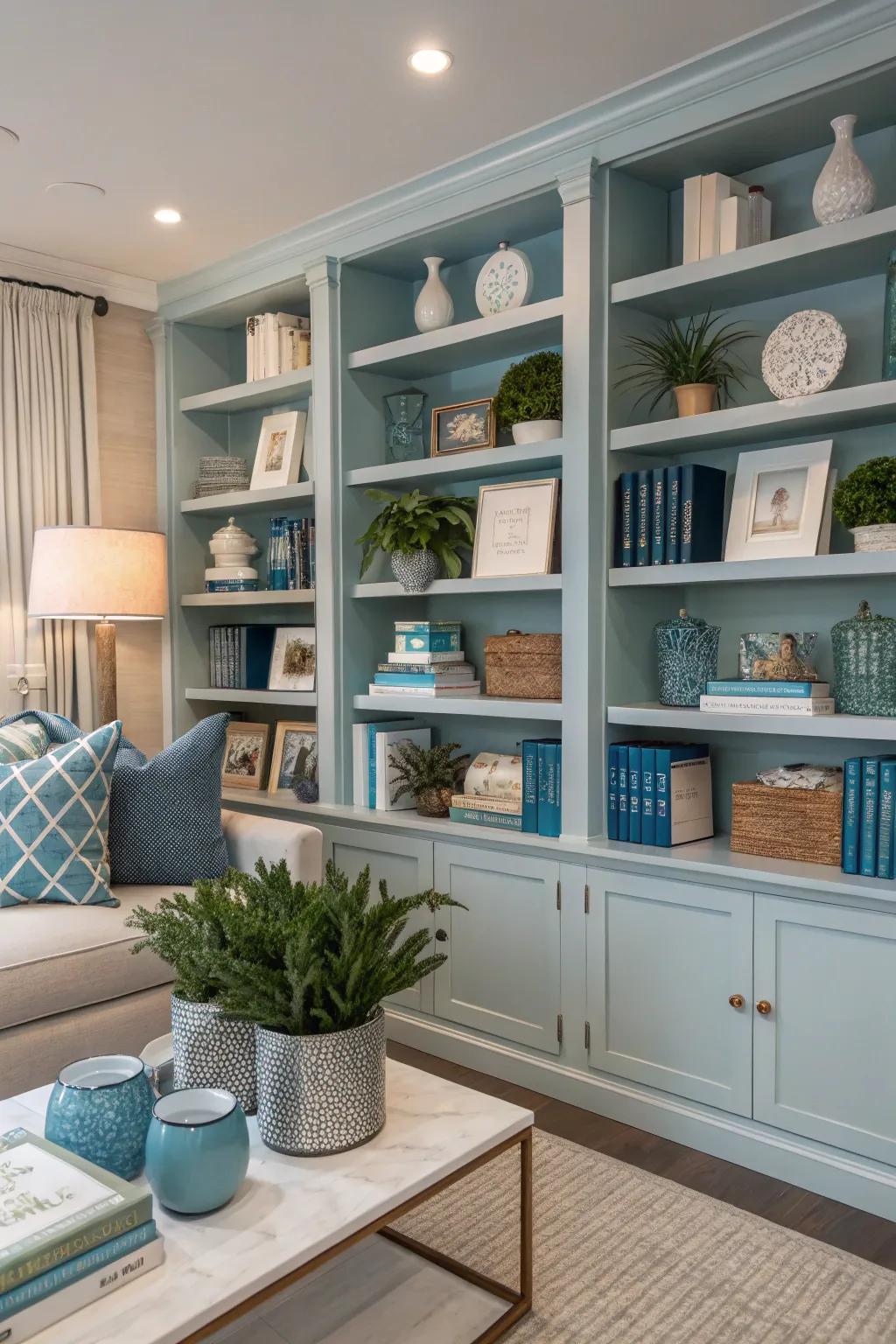 A consistent color theme brings harmony to shelf décor.