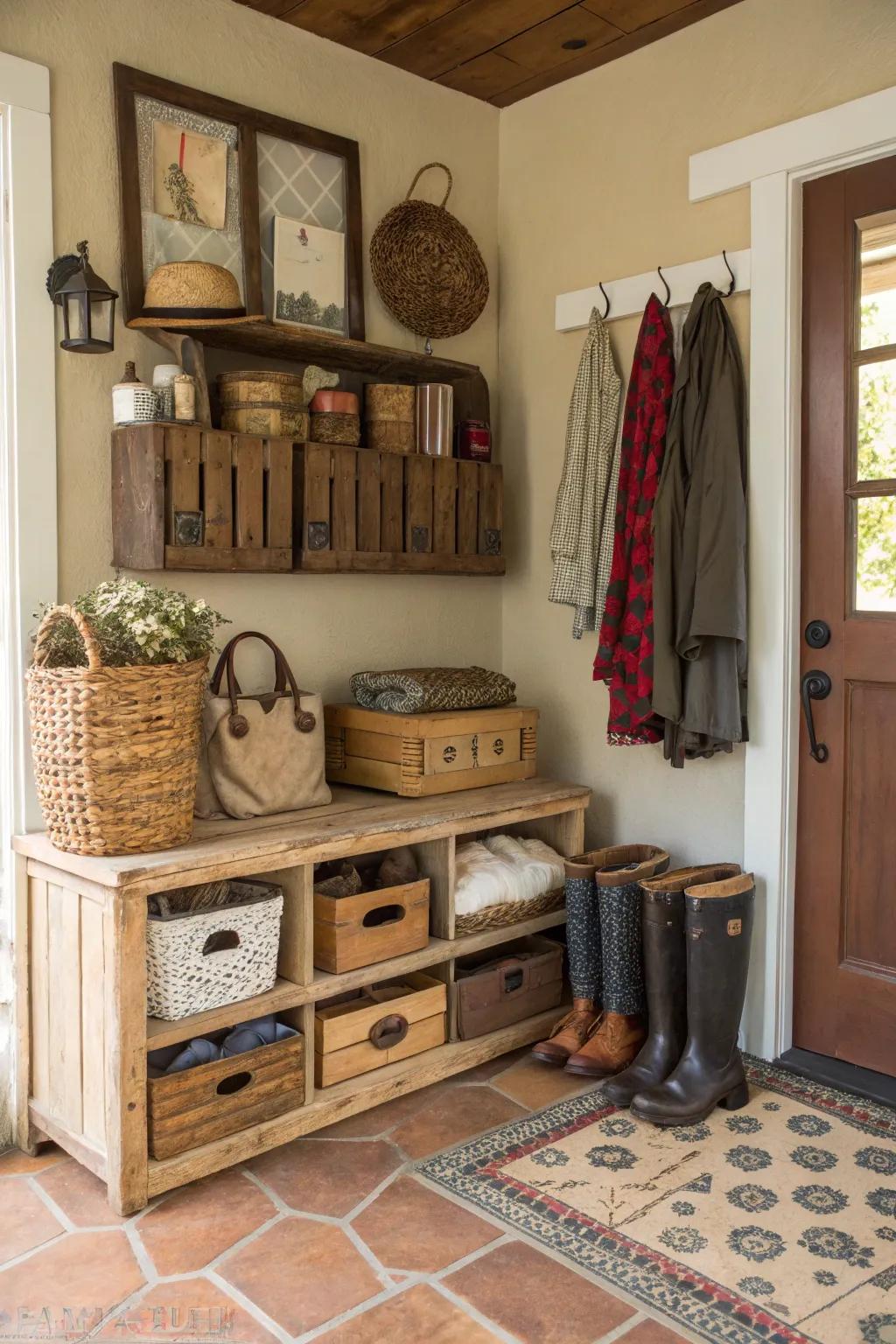 Repurposed vintage furniture offering charming shoe storage.