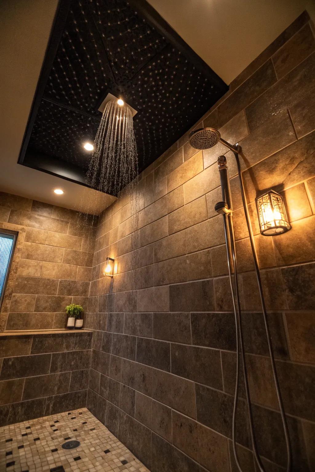 Dark ceilings establish a dramatic, cozy ambiance.