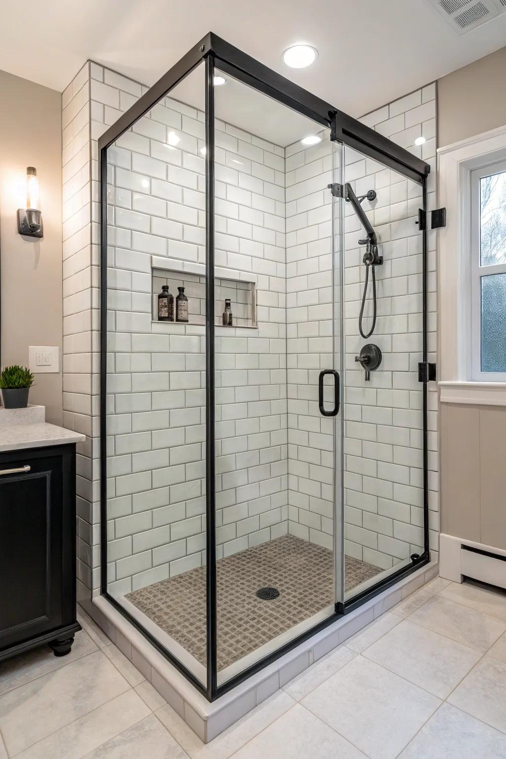 Dark edges add sophistication and contrast to this shower design.