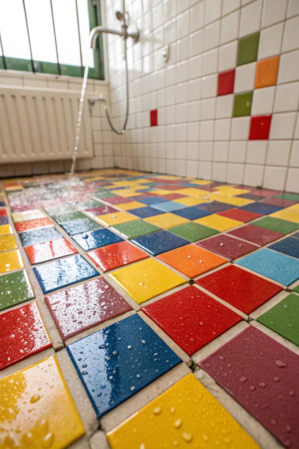 Make a bold statement with colorful shower floor tiles.