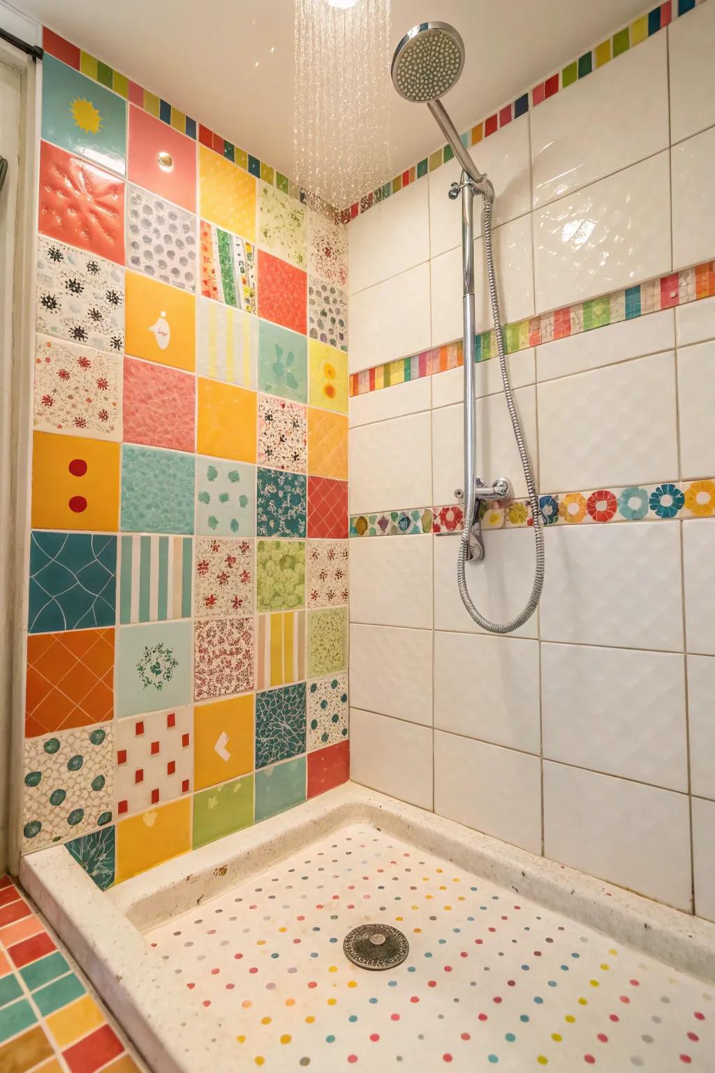 A shower base with a vibrant mix of brightly colored tiles for a playful and energetic style.
