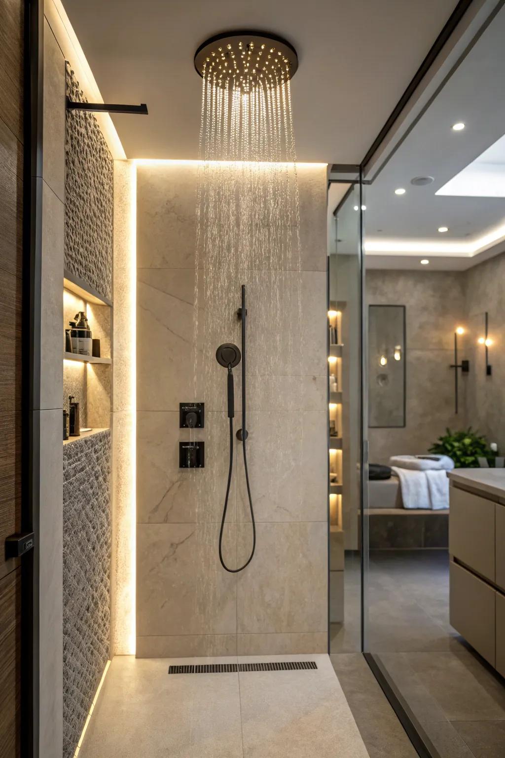 A shower room with spot lighting to highlight its design features.