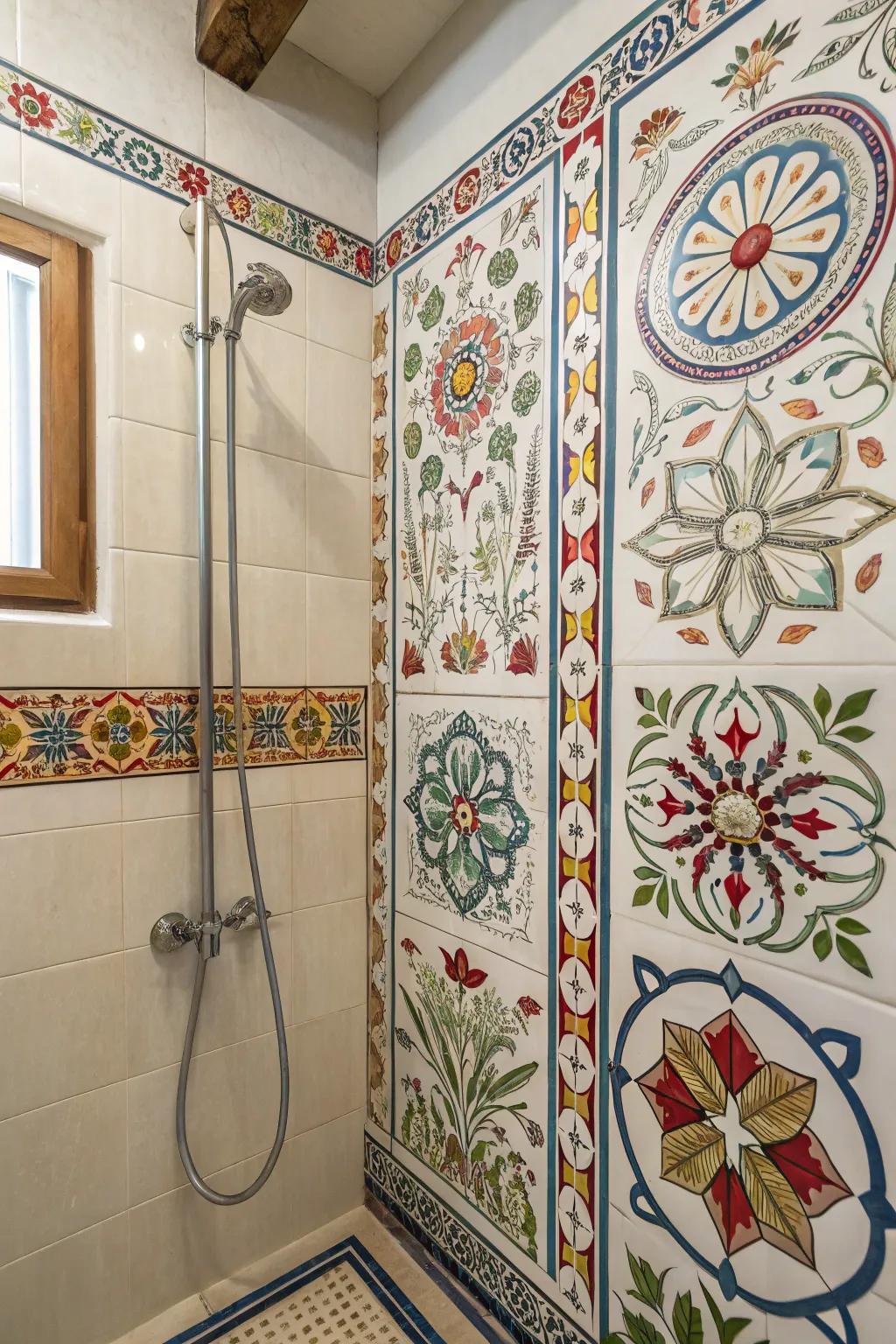 Handpainted tiles bring artistry and unique charm to the shower.